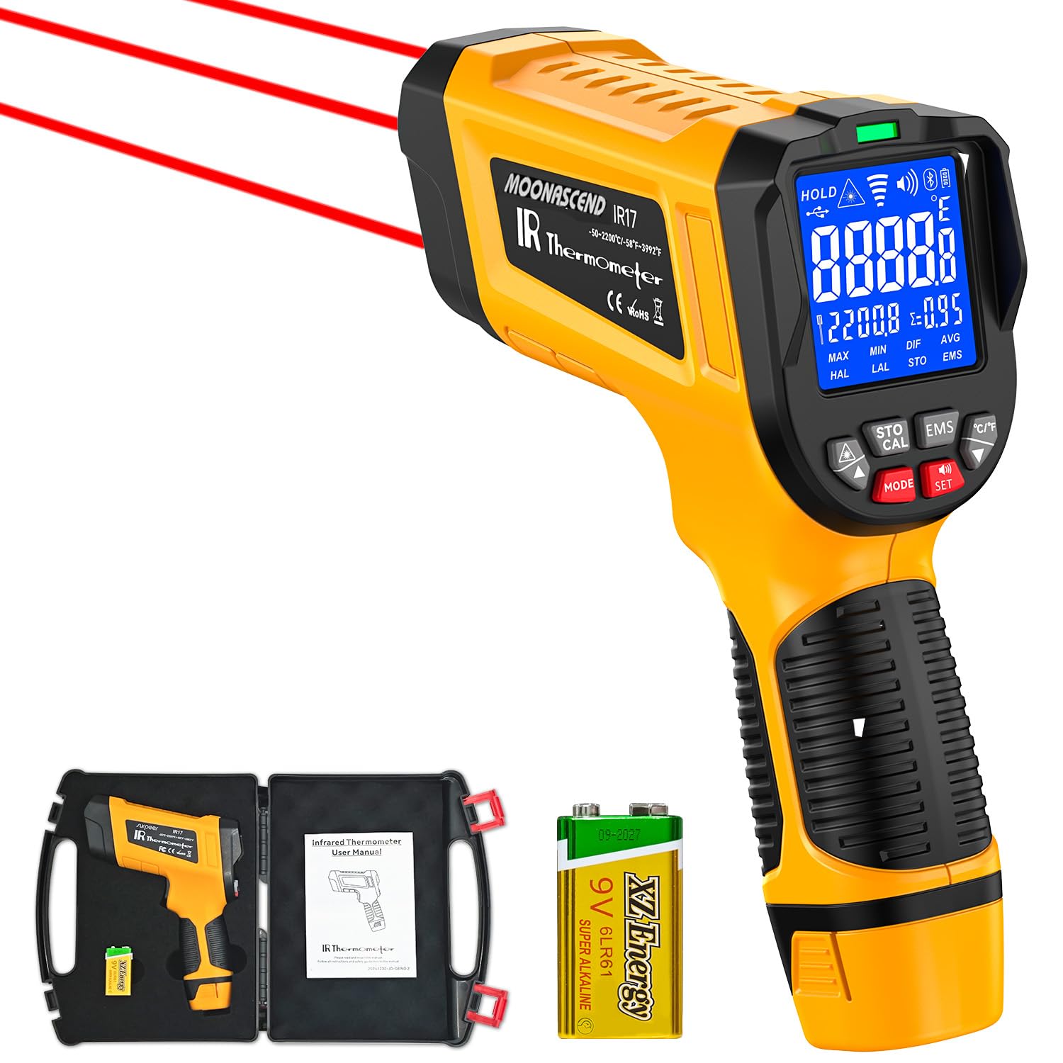 -58°F to 3992°F High-Temp Temperature Gun, Industrial IR Thermometer Gun High Precision Triple Laser Non-Contact Pyrometer Termometer for Furnace, Kiln, Forge, Furnace, Engine, HVAC