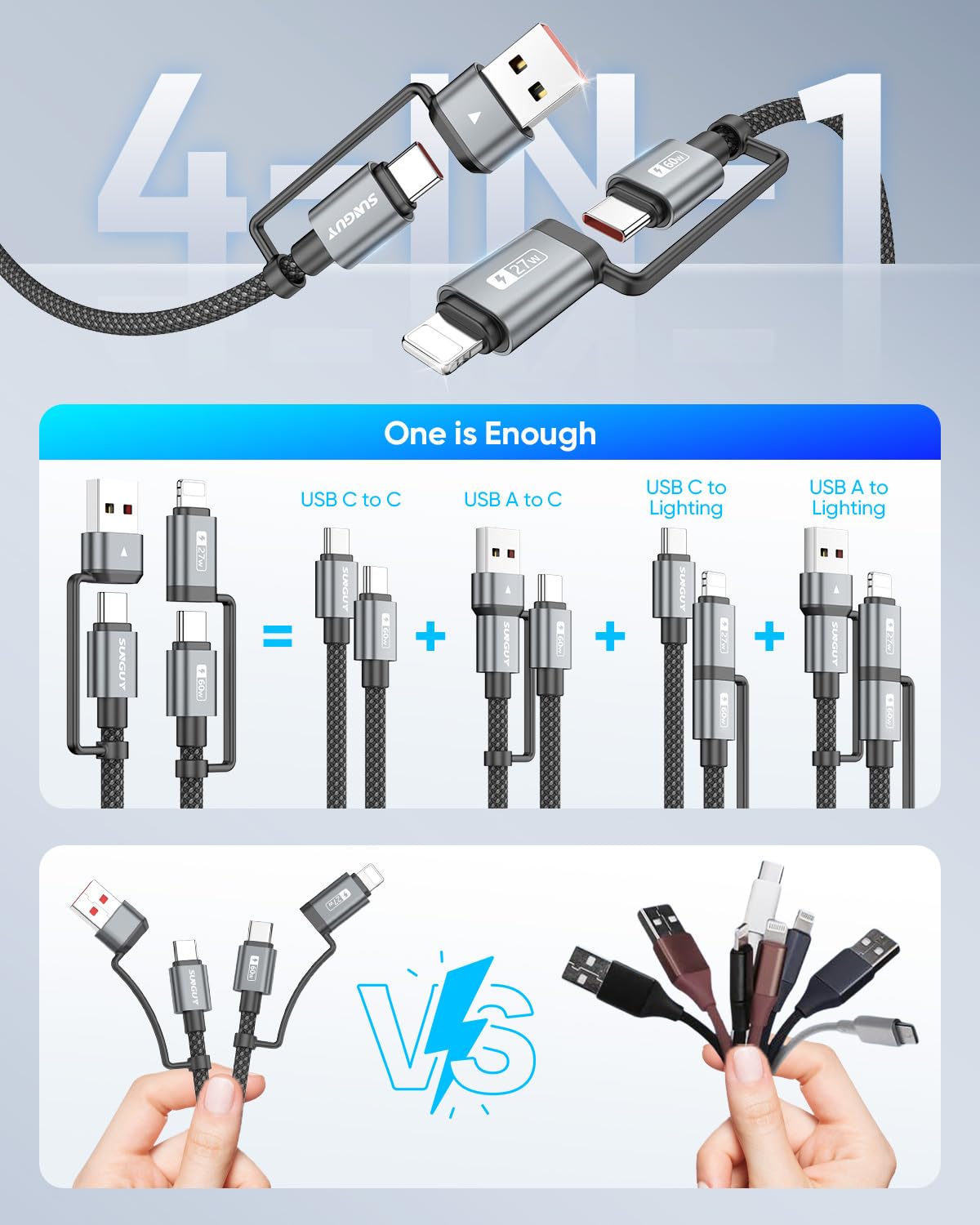 SUNGUY 4 in 1 Charging Cable 2FT [2 Pack], 60W Multi Charging Cable, USB-C/A to Lighting/C Cord for iPhone 16/15/14 Pro/iPad/MacBook/Samsung Galaxy S25/S24/Tablets