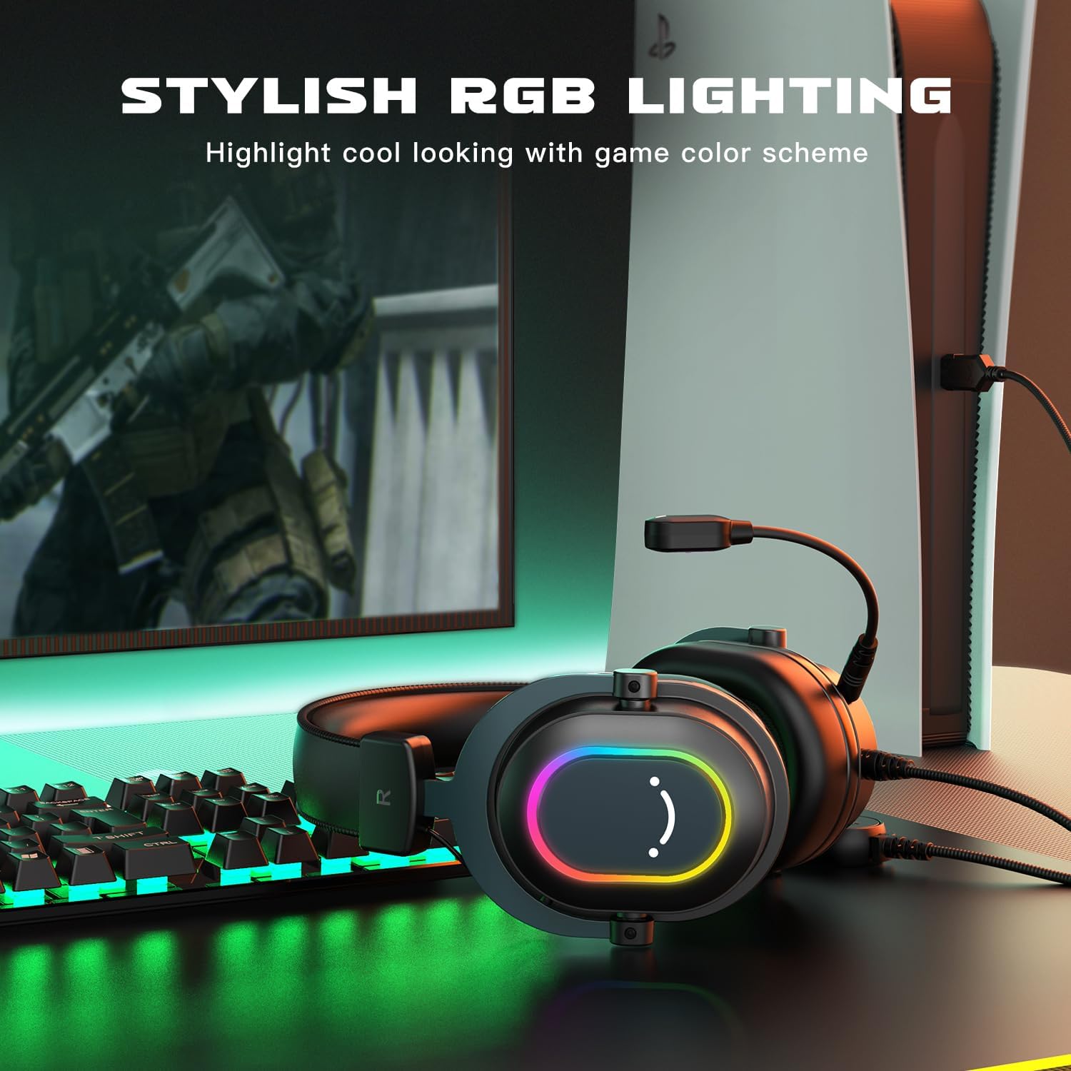 FIFINE Gaming Headset for PC-Wired Headphones with Microphone-7.1 Surround Sound Computer USB Headset for Laptop, Streaming Headphones on PS4/PS5, with EQ Mode, RGB, Soft Ear Pads - AmpliGame H6