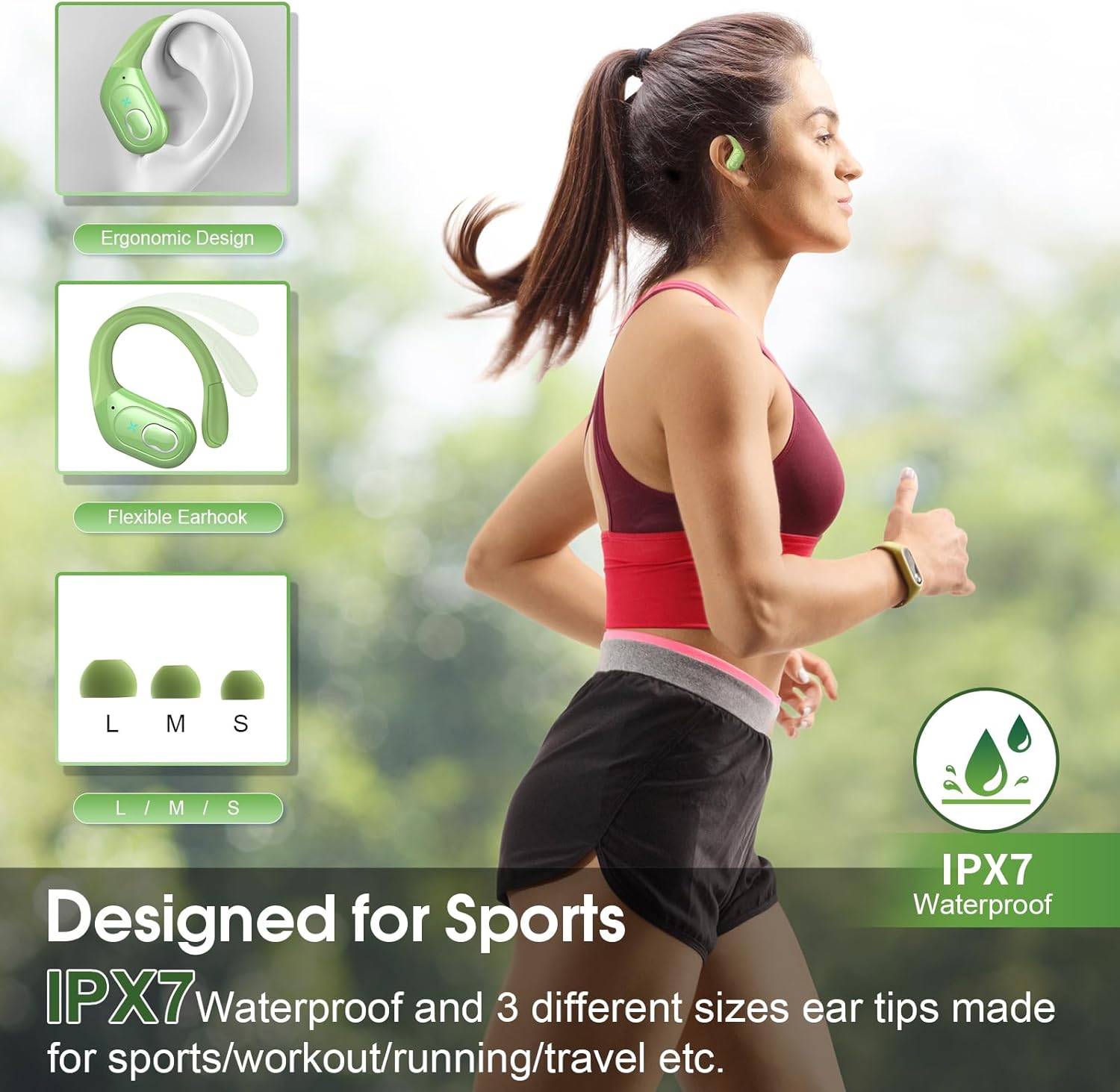 Wireless Earbuds 75hrs Bluetooth 5.4 Headphone Sport, 2025 Bluetooth Earbuds Stereo Deep Bass Over Ear Bud with Earhooks, ENC Noise Cancelling Mic, IPX7 Waterproof Earphone, Green