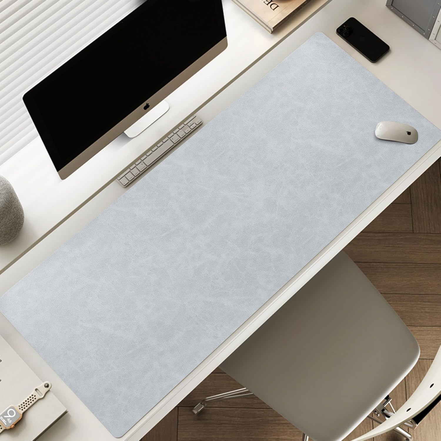 Leather Desk pad for Computer and laptops, Ideal for Gaming and Office use, Large Mouse pad and Keyboard mat,Desk mat for Man. A complimentary Wrist pad and Phone Stand.(Gray-White, 15.7"x 31.5")