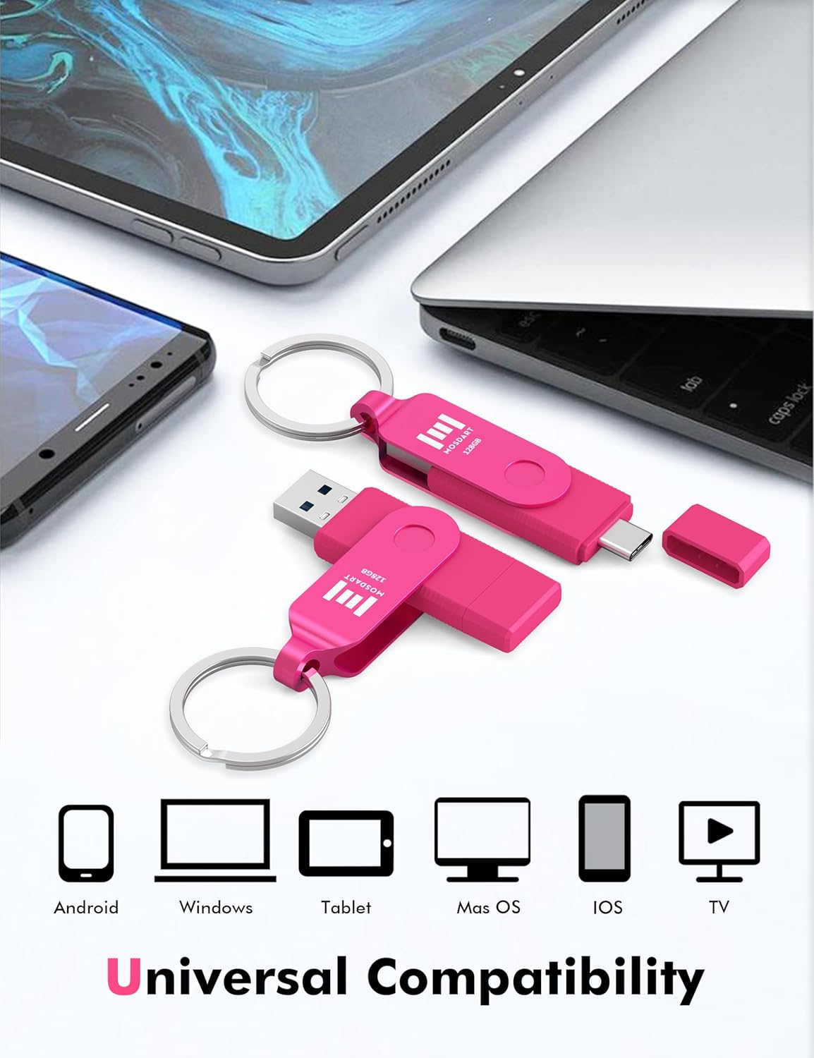 MOSDART 128GB USB3.1 Fast Speed C and A Dual Flash Drive, exFAT Memory Stick with Keychain and LED Indicator, for iPhone 15 and 16, Android Phone, iPad, MacBook, and Other Laptops, Hot Pink