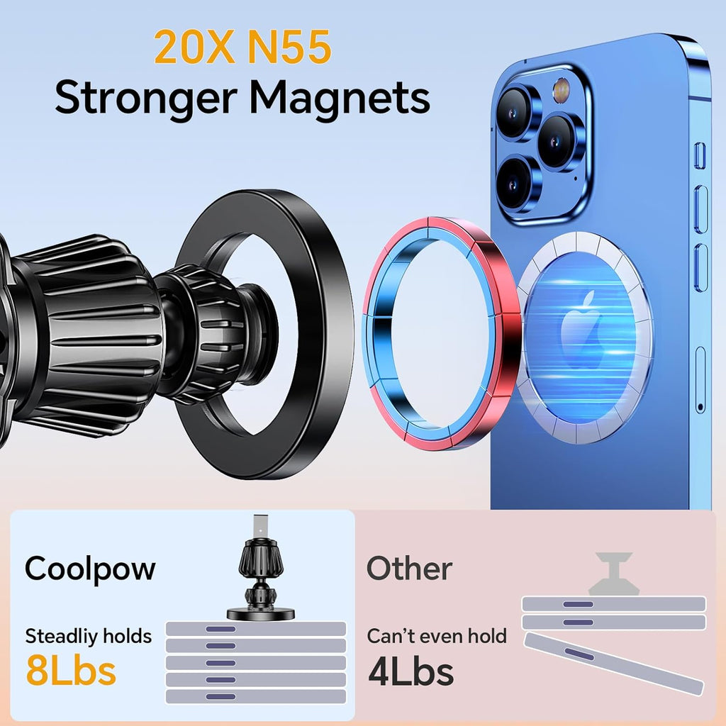Coolpow for MagSafe Car Mount【Windshield+Vent+Dash】Magnetic Phone Holder for Car Phone Holder Mount Cell Phone Holders for Your Car Accessories Suction Cup Stand for Garmin GPS Fit iPhone 16 15 14 13