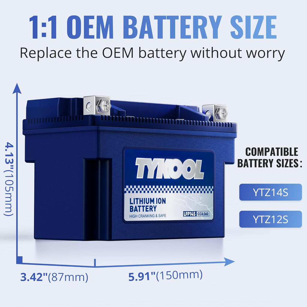 TYKOOL YTZ14S/YTZ12S High Performance Lithium LiFePO4 Motorcycle Battery,12V 6Ah,360CCA, Digital Readout, Built in BMS, Compatible for Large-displacement BMW,Hongda,KTM,Suzuki Motorcycles