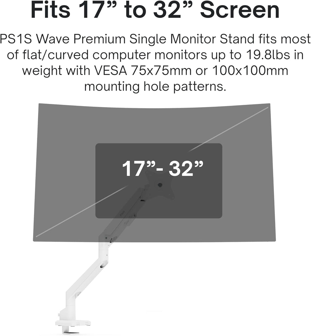 Pixio PS1S Wave White Single Monitor Arm Stand Desk Mount - Fits up to 32 inches Monitors and up to 19.8lbs. VESA Compatibility and Integrated Cable Management