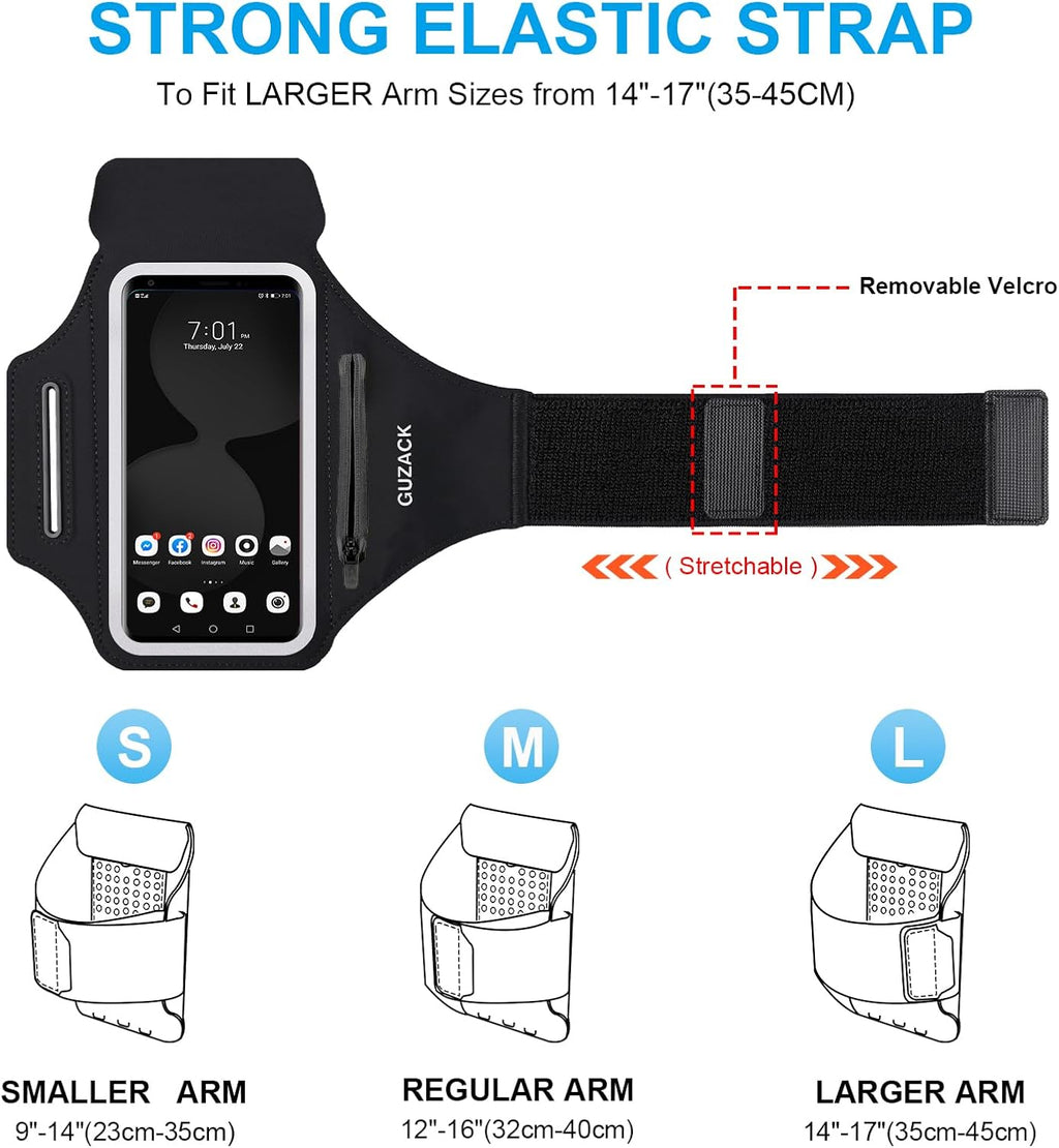 GUZACK Running Phone Holder with Zipper Pouch, Running Armband for iPhone 16/15/14/13/12/11 Pro Max/Plus, Galaxy S25/S24/S23/S22, Cell Phone Arm Holder with Card Slot - Size L (Bigger Arm 14-17 in)