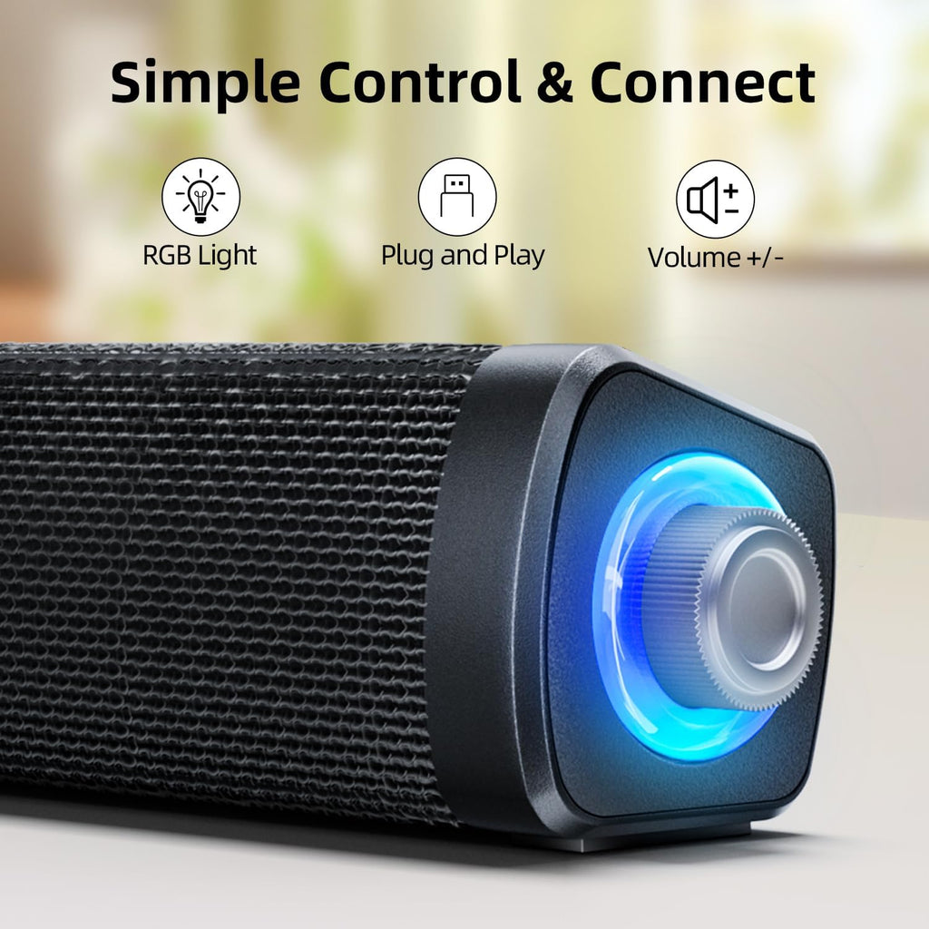 USB Computer Speakers,Computer Speakers with 3.5 mm aux,Wired USB Powered & Colorful LED Lights with Switch Button,Surround Sound Portable SoundBar for Monitor Laptop Phone(Black)