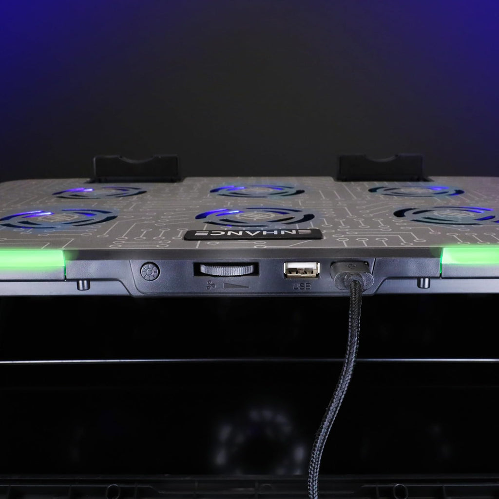 ENHANCE Gaming Voltaic 2 Laptop Cooling Stand - Laptop Cooling Pad with 6 Blue LED Fans, 7 Height Settings, RGB Lighting - Metal Top Cooler Pad with Phone Stand, 2 USB Ports for up to 17 inches