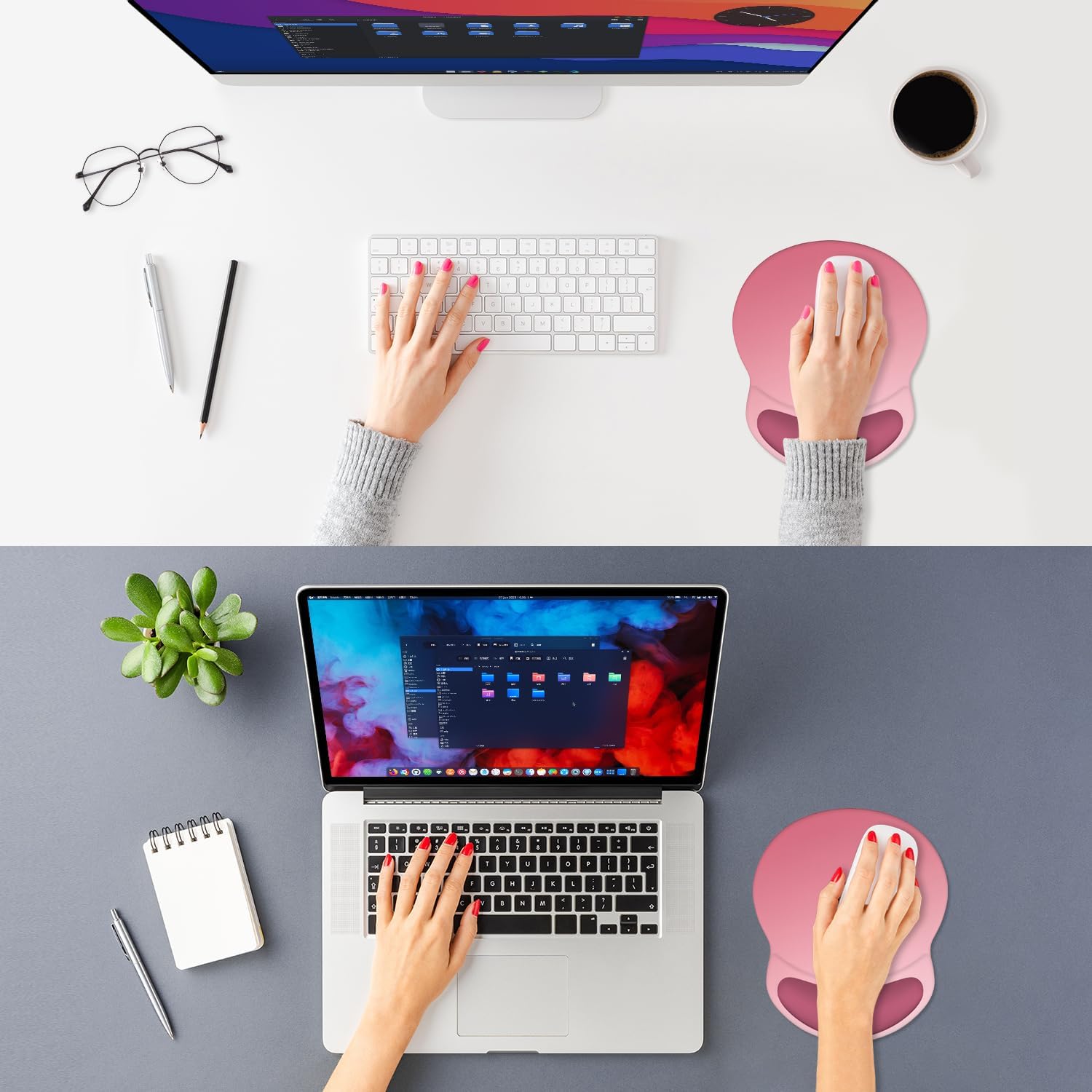 ITNRSIIET Ergonomic Mouse Pad with Comfort Gel Wrist Rest, Non-Slip PU Base, Smooth Textured Surface, Reduces Hand Fatigue & Wrist Pain, 8.7 x 7.2 Inch for Office Gaming Home, Pink Ombre