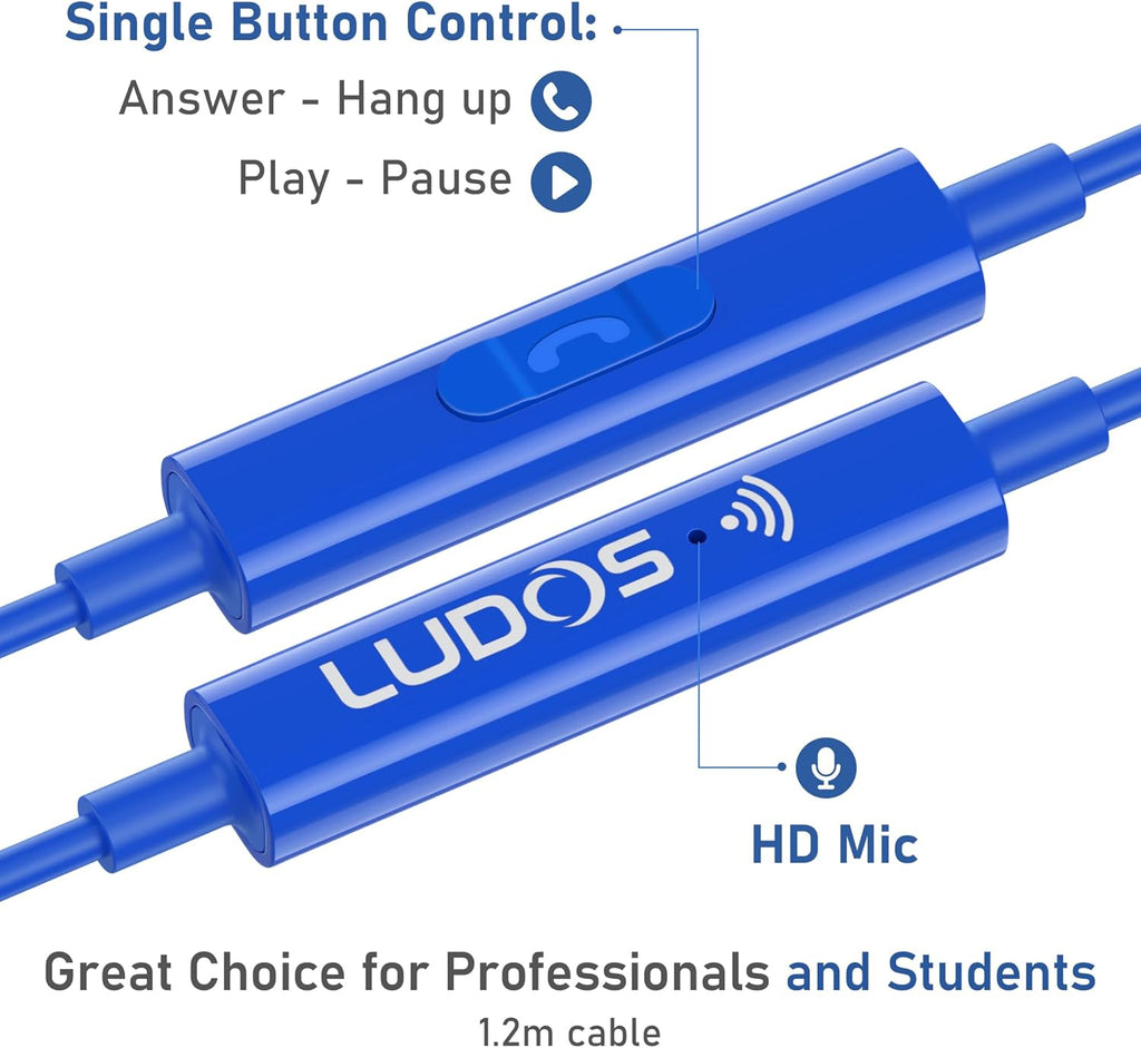 LUDOS OMNITONE Wired Earbuds in-Ear Headphones, 5 Years Warranty, Earphones with Microphone, 3.5 mm Jack Corded Ear Buds, Videoconference for iPhone, Samsung, Laptop, Kids, School Students - Blue