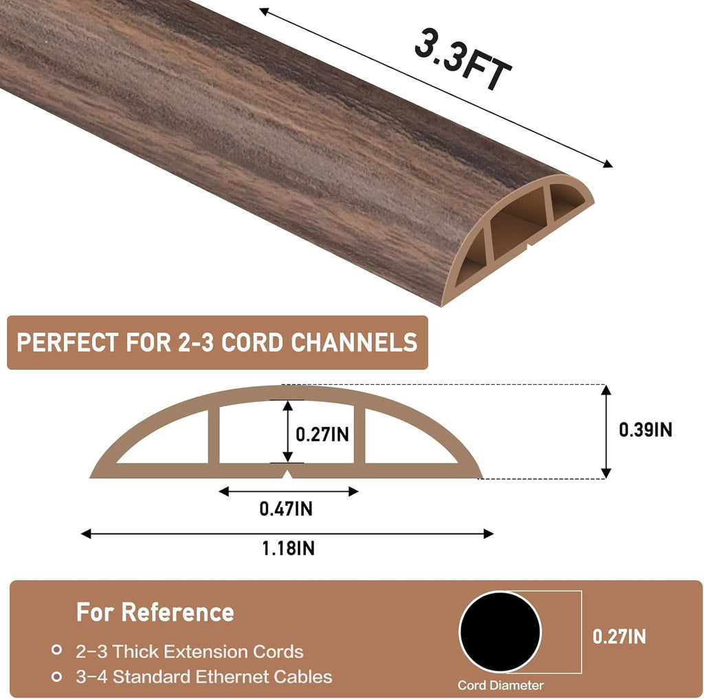 Floor Cord Cover Self Adhesive Cord Hider Floor Extension Cord Covers for Floor Power Cord Protector Cable Management Prevent Cable Trips Cable Cavity 0.47" W x 0.27" H (Smoked Brown Wood, 3.3Ft)