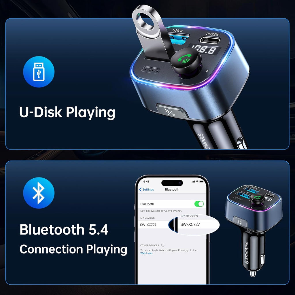 Syncwire Bluetooth 5.3 FM Transmitter Car Adapter 48W(PD 36W & 12W) [Light Switch] [Hi-Fi Deep Bass] [Fast Charging] Wireless Radio Music Adapter LED Display Hands-Free Calling Support USB Drive