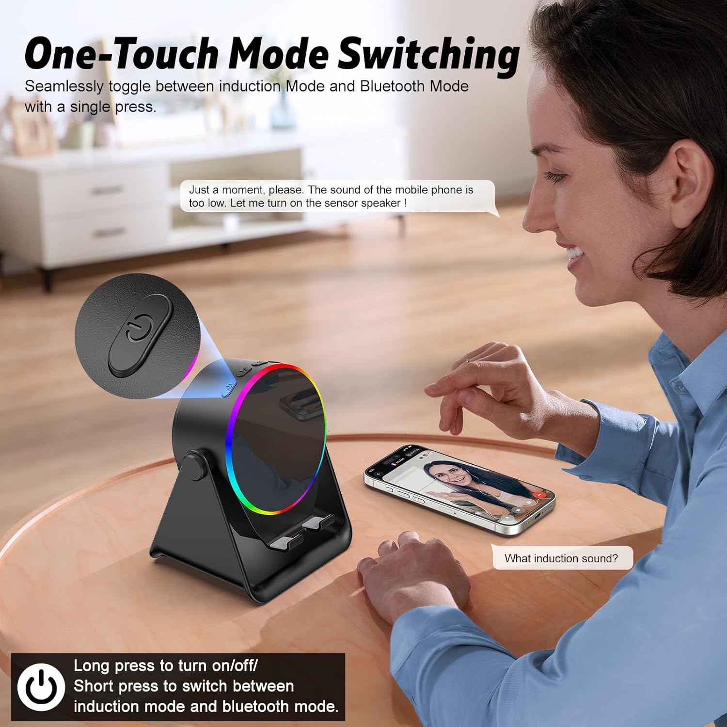 Wireless Induction Speaker- 4 in1 Bluetooth Speaker Phone Stand with Colorful Ambient Light 360° Rotation Compatible with iPhone/Android/iPad/Samsung Galaxy- Unique Birthday Gift for Men Women Adults