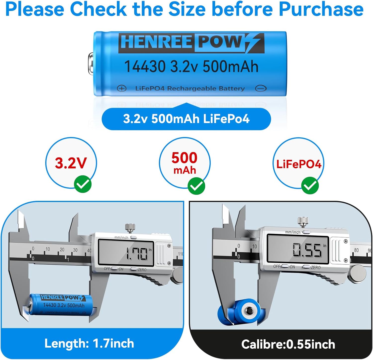 Henreepow LiFePo4 Battery 14430, 3.2v Rechargeable Solar Batteries, 500mAh LiFePo4 Battery for Outdoor Solar Garden Lights, Shaver, Flashlight, Toothbrush (6pack-Not AA Size)