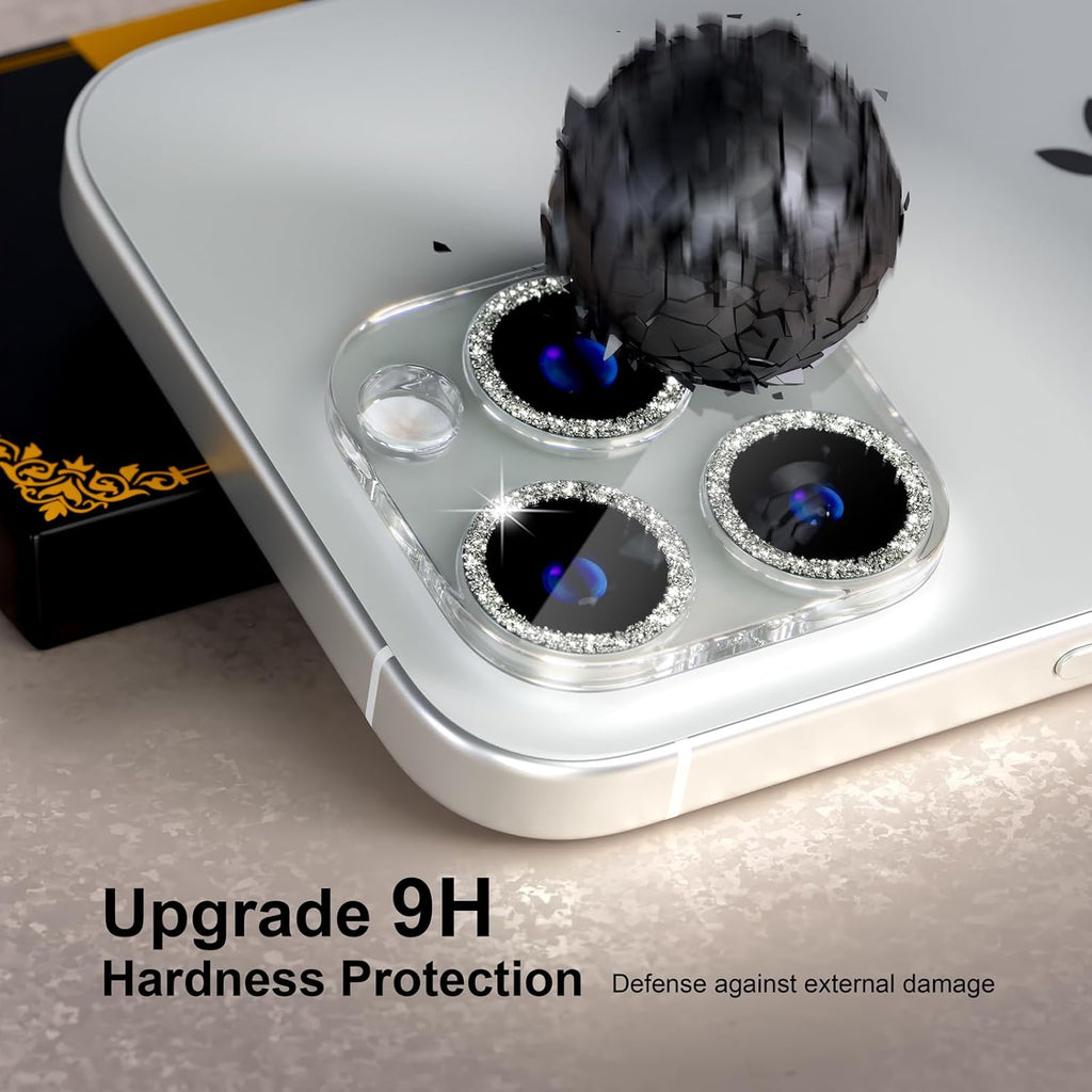 beuxece for 6 Pack iPhone 15 Pro/iPhone 15 Pro Max Camera Lens Protector [Drop Protection] [Case Friendly] [Easy Installation] 9H Tempered Glass Camera Screen Protector Cover, Glitter Silver