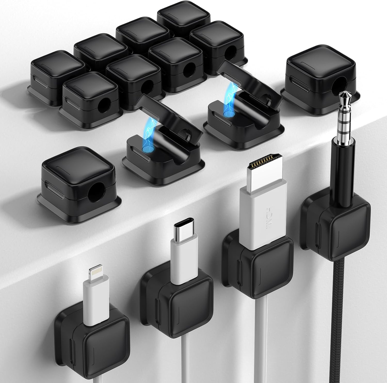 16 Pack Magnetic Cord Organizer Holder,Strong Adhesive Desk Cable Management Easy Open,Organize Phone Charging Cords Wire Holder Organizer Neatly for Home,Office,Car,Desk,Nightstand-Black