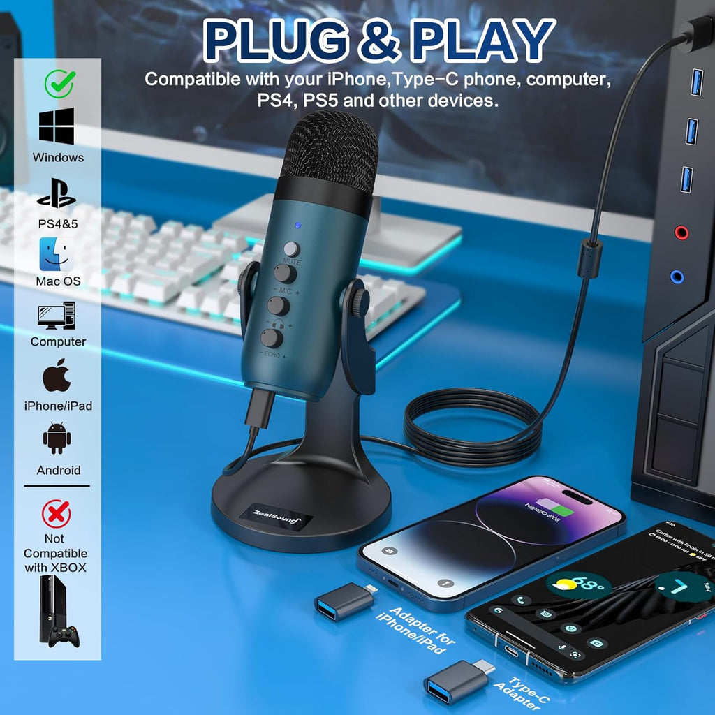 ZealSound USB Condenser Microphone,Computer PC Gaming Mic,Plug&Play Microphones for PS 4&5.Monitor Adjust&Volume Control,Mic Gain Control,Mute Button for TikTok,YouTube Podcast on Mac&Windows(Teal)