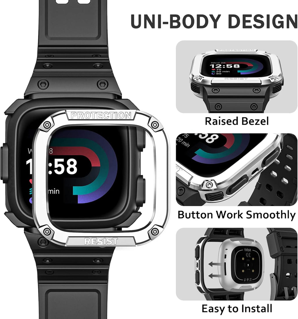 FINTIE Bands with Case Compatible with Fitbit Versa 4/3/2/1/Versa Lite/Fitbit Sense 2/Sense, Protective Case Strap Rugged Sport Band Men, Black/Silver