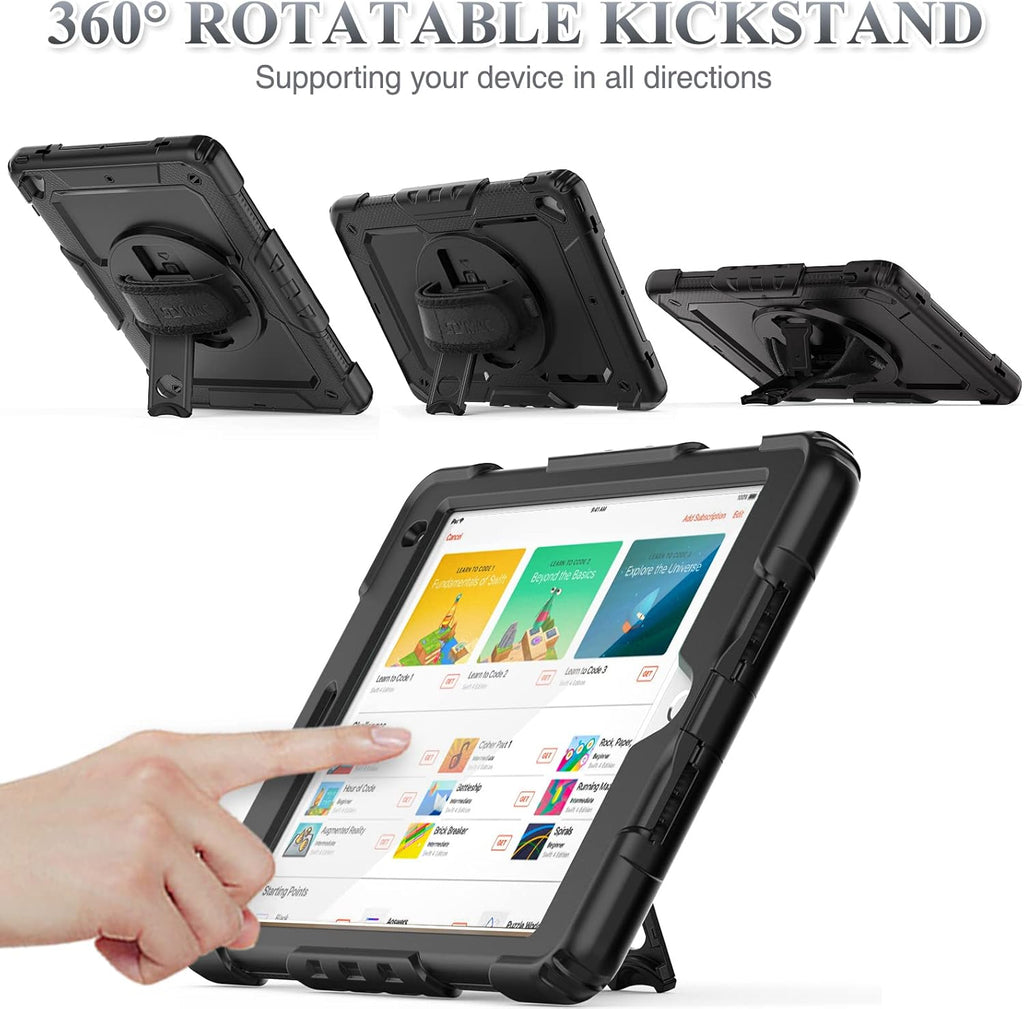 SEYMAC stock Case for iPad 6th / 5th Generation Case/Air 2 / Pro 9.7 inch, Heavy Duty Protective with Screen Protector, with Pencil Holder, Hand Strap, Shoulder Strap, 360 Rotate Stand, Black