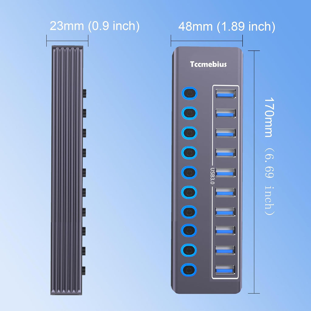 Powered 10-Port USB 3.0 Hub, USB C to 10 Ports USB Data Hub Splitter with Individual LED On/Off Switche, 3.3FT Cable, 12V/3A Power Adapter, for Laptop MacBook Pro/Air PC (Aluminum Gary)
