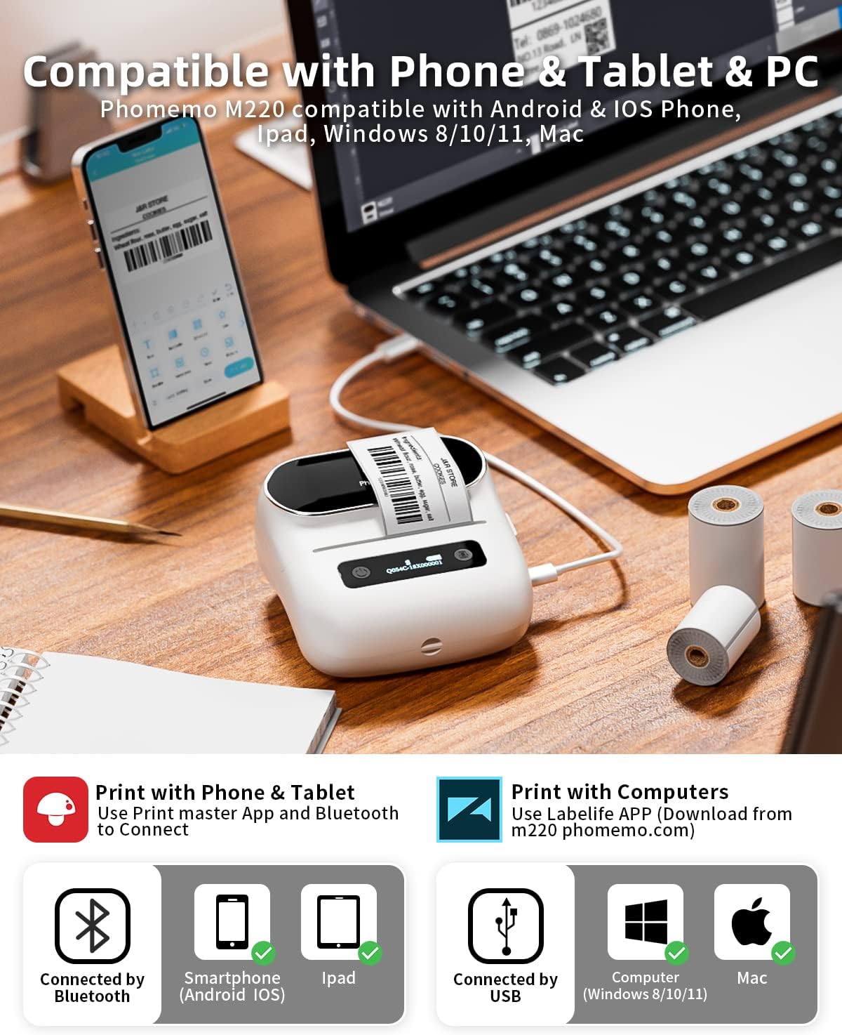 Phomemo Label Maker, M220 Barcode Printer, Thermal Bluetooth Label Printer for Address, Clothing, Warehouse, Mailing,Compatible with Phone & Laptop