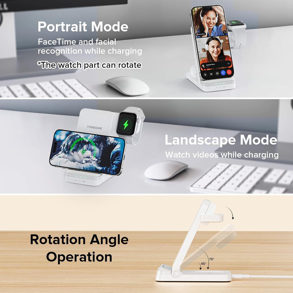 Wireless Charger, Tribone 3 in 1 Foldable Fast Charger for iPhone 17 16 15 14 13 12 11 Pro Max XR XS 8 Plus, for Apple Watch 11 10 9 8 7 6 5 4 3 2 SE Ultra,for AirPods Pro 4 3 2 (White)
