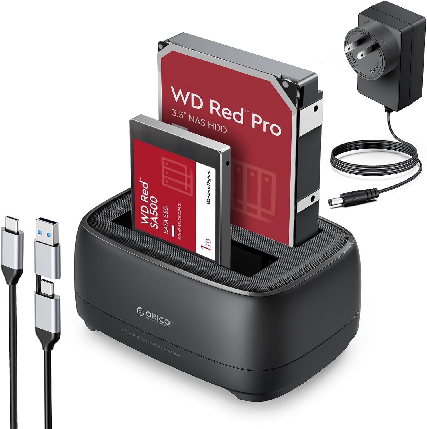 ORICO USB Type C to SATA 2 Bay Hard Drive Docking Station Duplicator/Cloner Function for 2.5 or 3.5 in HDD SSD with 2 in 1 USB C to A/C Cable (DD28C3-C)
