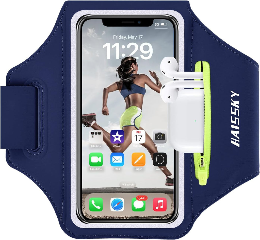 HAISSKY Cell Phone Running Armband with Earbuds Zipper Pocket Armband Case Running Holder for iPhone 15 Pro Max /14/13/ 12/11 Pro Max/XS/XR,Galaxy S20 S10,Sweatproof Arm Band with Card/Key Bag