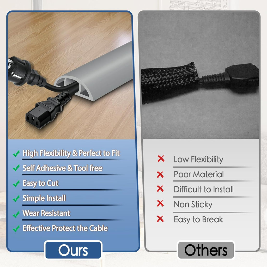 Floor Cord Cover for Wires on Floor Self Adhesive Cord Hider Floor Cable Management Wire Covers for Cords Protector Prevent Cable Trips Cord Cavity W 0.47" x H 0.27", Gray, 3.3Ft