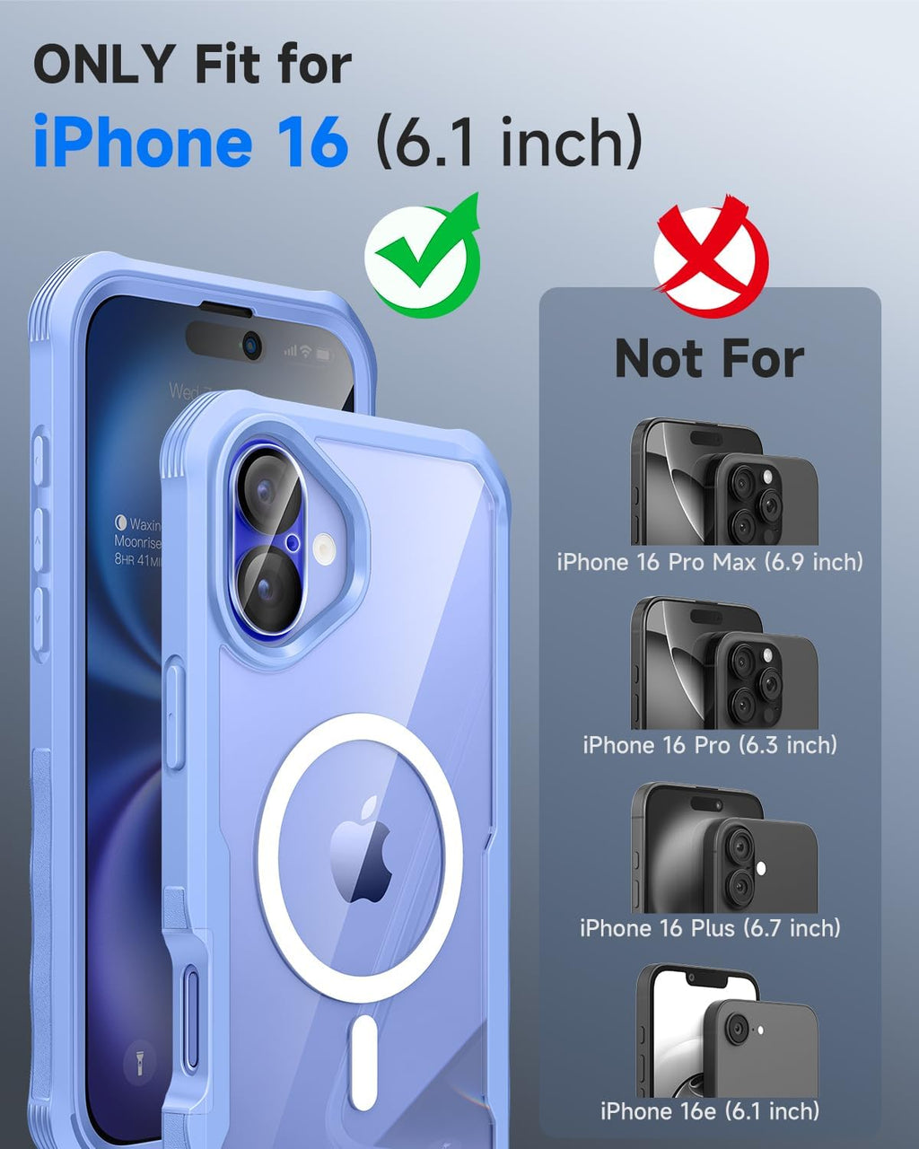 seacosmo for iPhone 16 Case, Full Body Bumper with Built-in 9H Tempered Glass Privacy Screen Protector and Camera Lens Protector, Compatible with MagSafe, Shockproof 16 Phone Case, 6.1", Light Blue