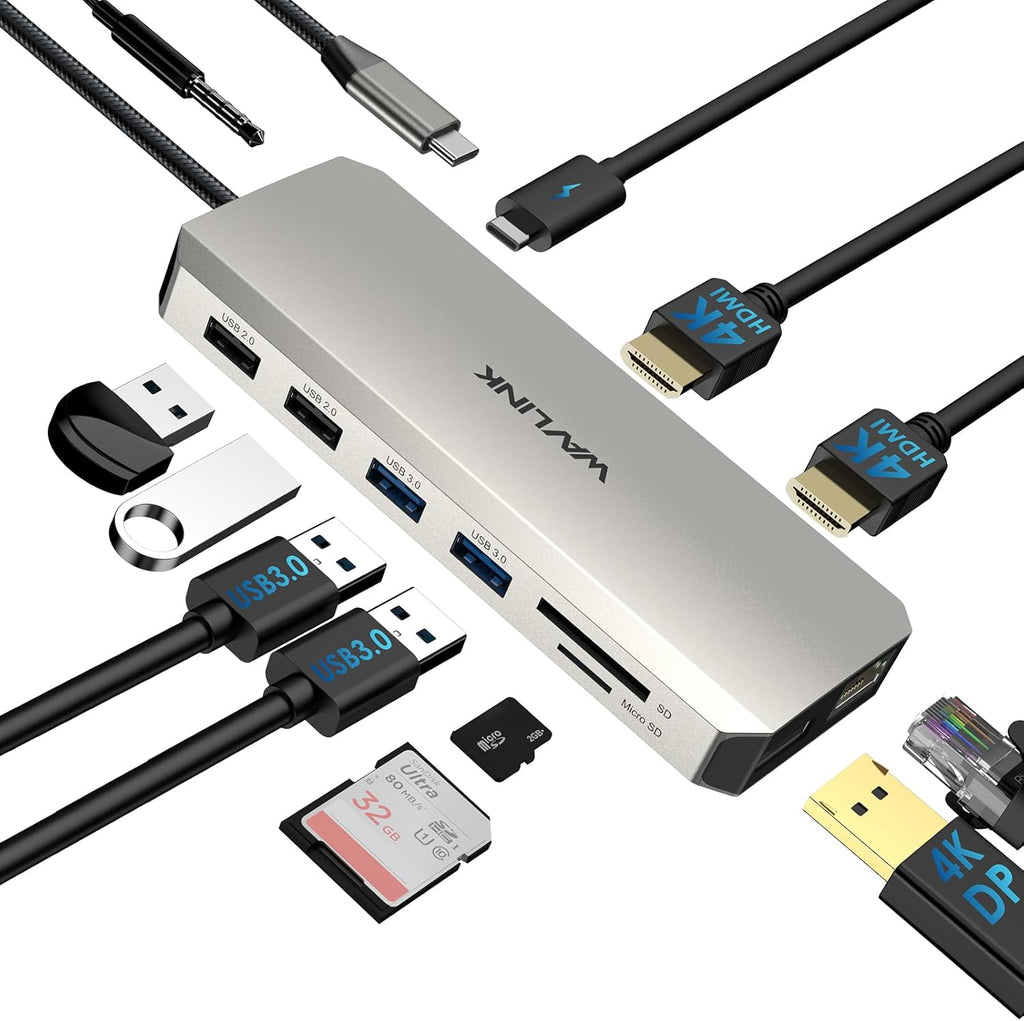 USB C Docking Station USB C to Dual HDMI Adapter USB C Hub Dual Monitor, 13 in 1 Multiport Triple Display Type C Dongle with Dual HDMI 4K, DP, PD Charger, 5 USB, Ethernet, SD TF Card Reader, Audio