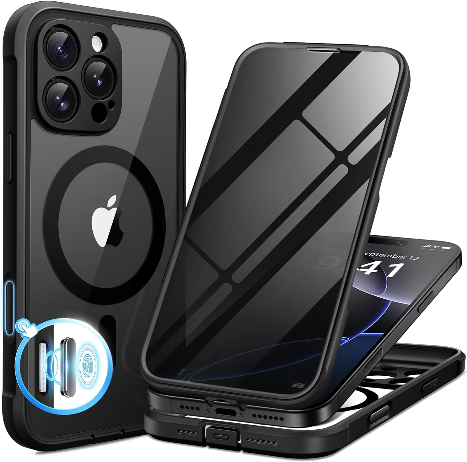 BERFY Magnetic for iPhone 16 Pro Case, Compatible with MagSafe, Built-in Privacy Screen Protector and Upgraded Camera Protection, Anti-Spy Full Body Shockproof Phone Case for 16 Pro 6.3", Black