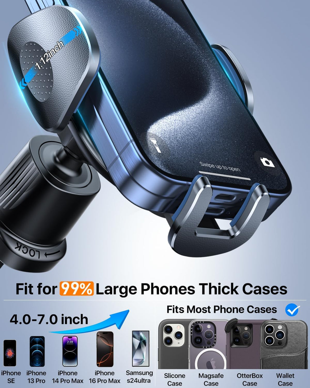 YRU Car Phone Holder [2025 Upgraded Metal Hook Clip], Phone Holders for Your Car [No Fear of Bumps] Air Vent Cellphone Mount Widely Compatible with iPhone16 15 14 13 12 Samsung Android, Black