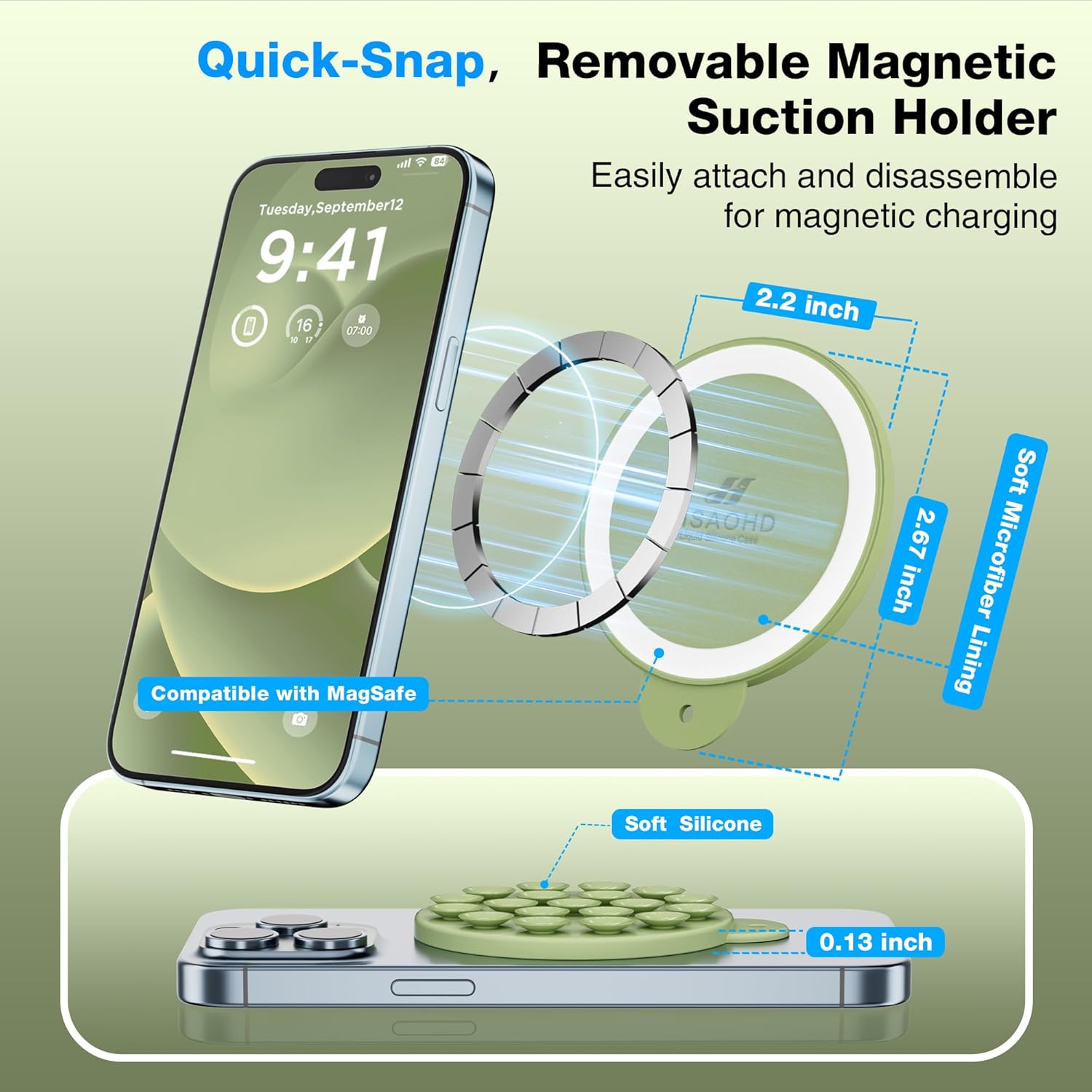 Magnetic Suction Cup Phone Mount for MagSafe Case, Silicone Hands-Free Grip Holder for iPhone and Android, Mirror Shower Phone Stand for Makeup FaceTime Gym Kitchen Bathroom, Tea Green
