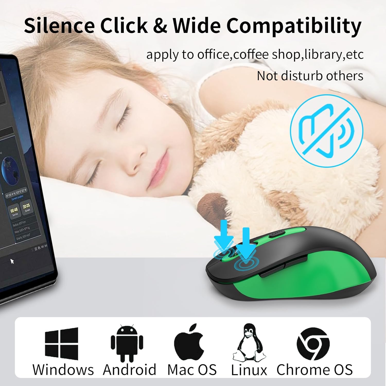 Wireless Mouse for Laptop, PC, Chromebook, Mac, MacBook, Silent Wireless Mouse with USB Nano Receiver, Side Button, 2400 DPI, Anti Slip Roller, 6 Button Ergonomics Cordless Computer Mice - Black Green