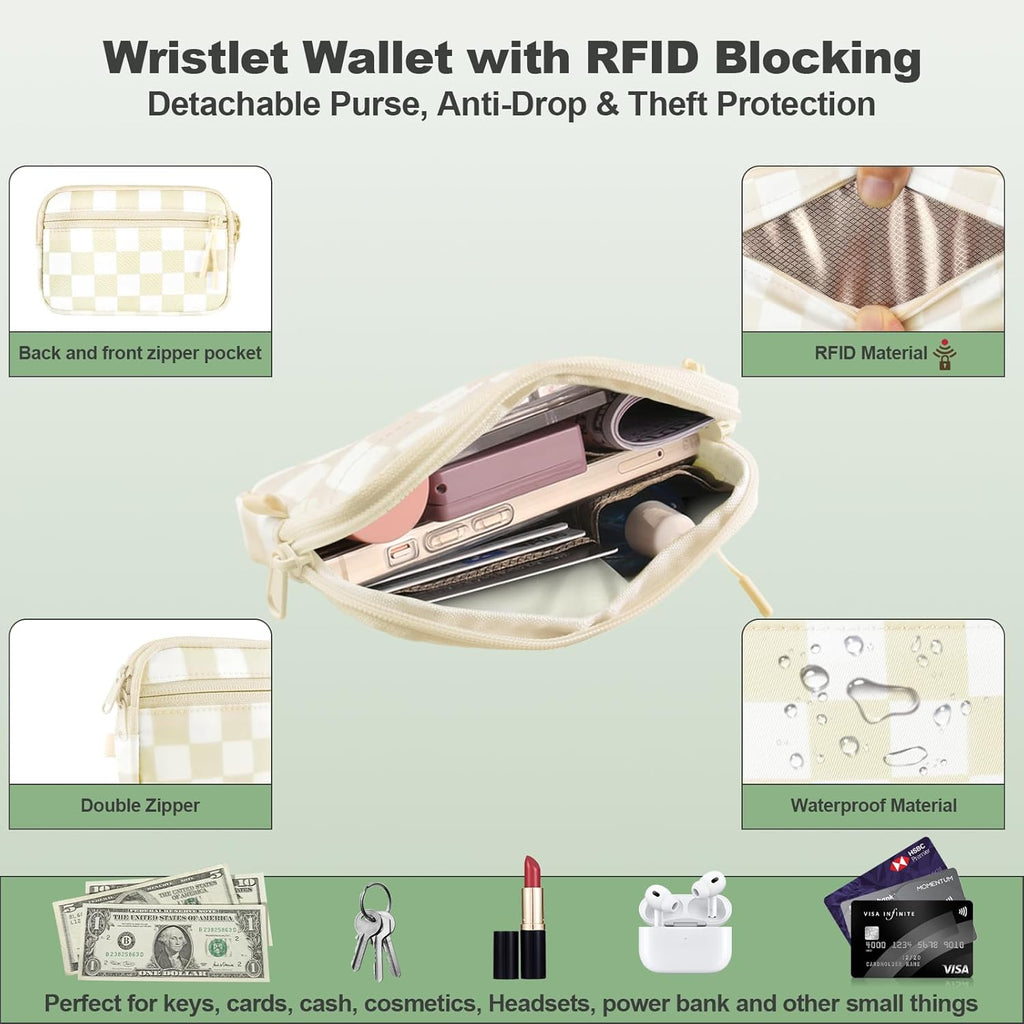 Clip and Go Strap for Phone with Wallet Crossbody, Adjustable Phone Lanyard with Detachable RFID Wristlet Wallet, Phone Strap with Phone Tabs for All Phones, Cream Checkered (M)