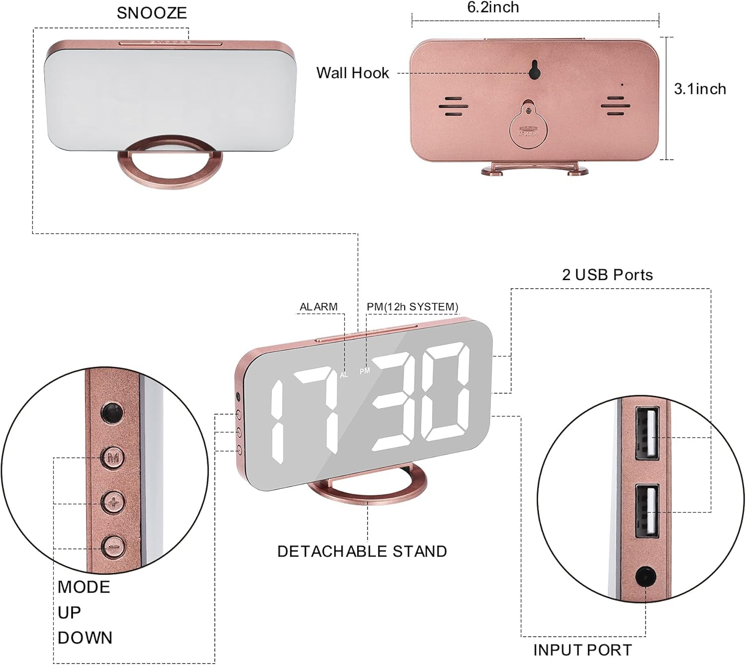 SZELAM Alarm Clock for Bedroom,LED and Mirror Digital Clock Large Display,with Dual USB Charger Ports,Auto Dim,Snooze Mode,Modern Desk/Wall Electronic Clock for Girl Woman Mom Teens - Rose Gold