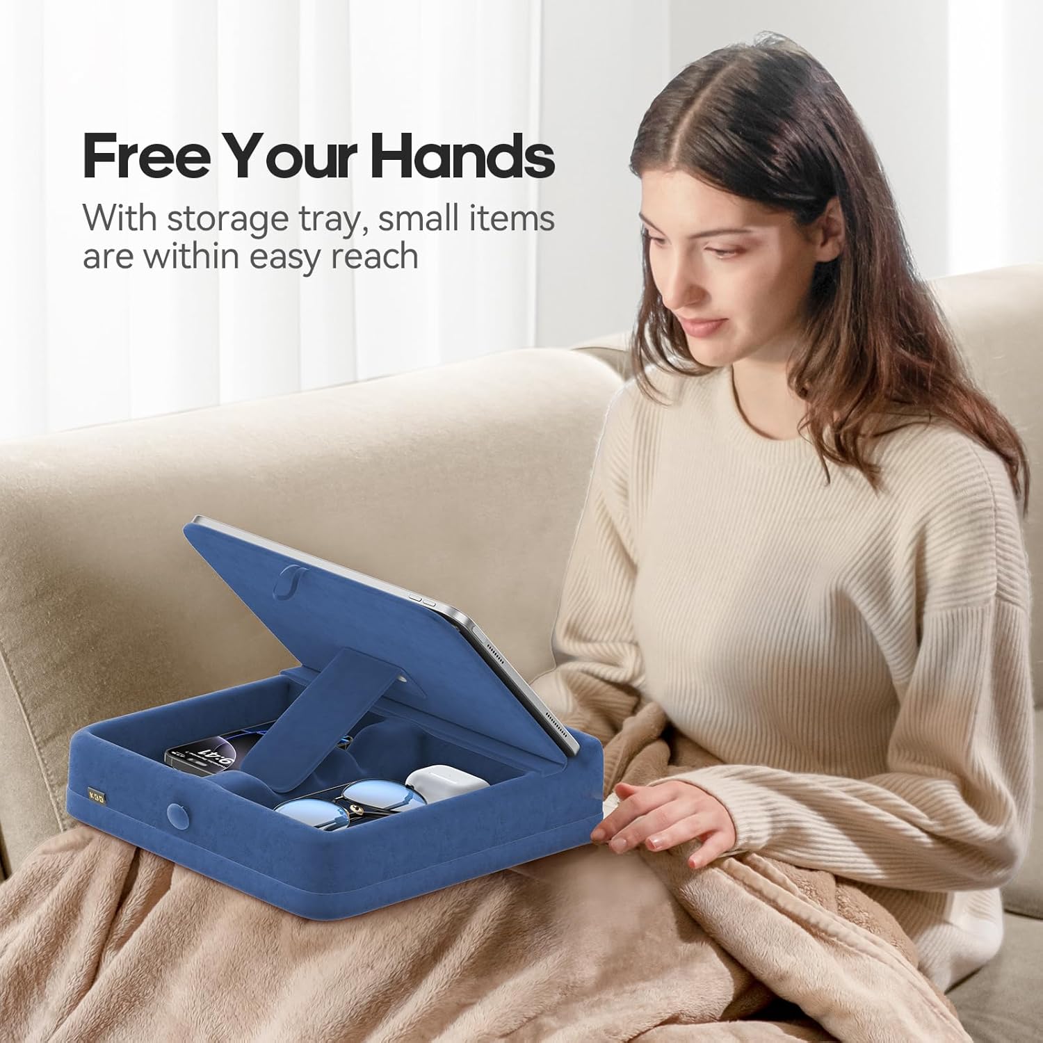KDD Tablet Pillow Stand with Storage, Foldable iPad Holder for Lap, Desk and Bed, Angle Adjustable Soft Pad Dock with Stylus Mount Compatible with iPad Pro, Air, mini, Book, Phone and Tablet (4-13")