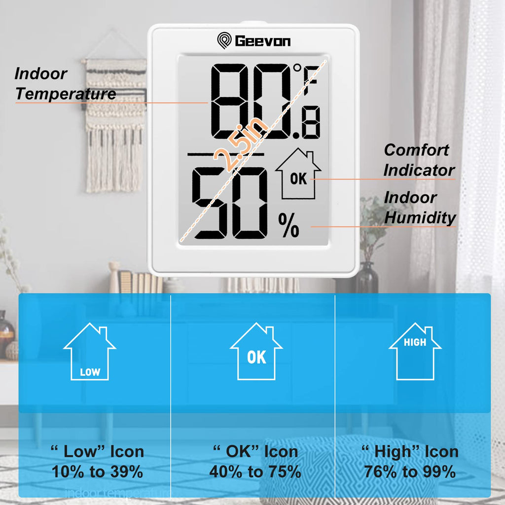 Geevon 2 Pack Hygrometer Indoor Thermometer Room Humidity Gauge with Battery, Digital Temperature Gauge Humidity Meter Indicator for Home, Office, Greenhouse, Mini Hygrometer,White