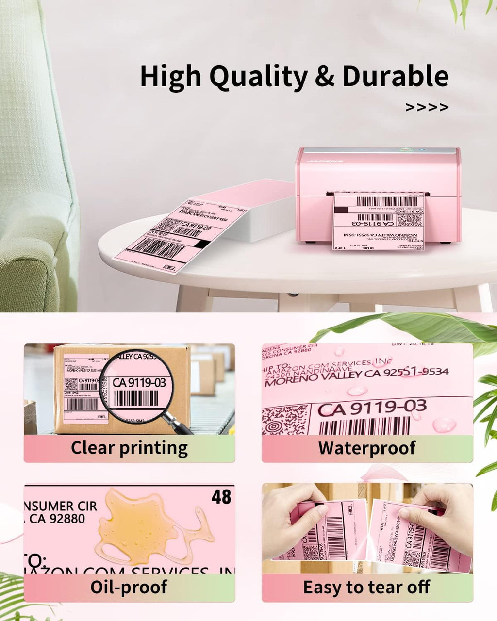 JADENS 4X6 Thermal Direct Shipping Label Compatible with JADENS MUNBYN, IDPRT, Rollo, Postage Label Paper for Small Businesses, 250 Labels/Pack, Pink