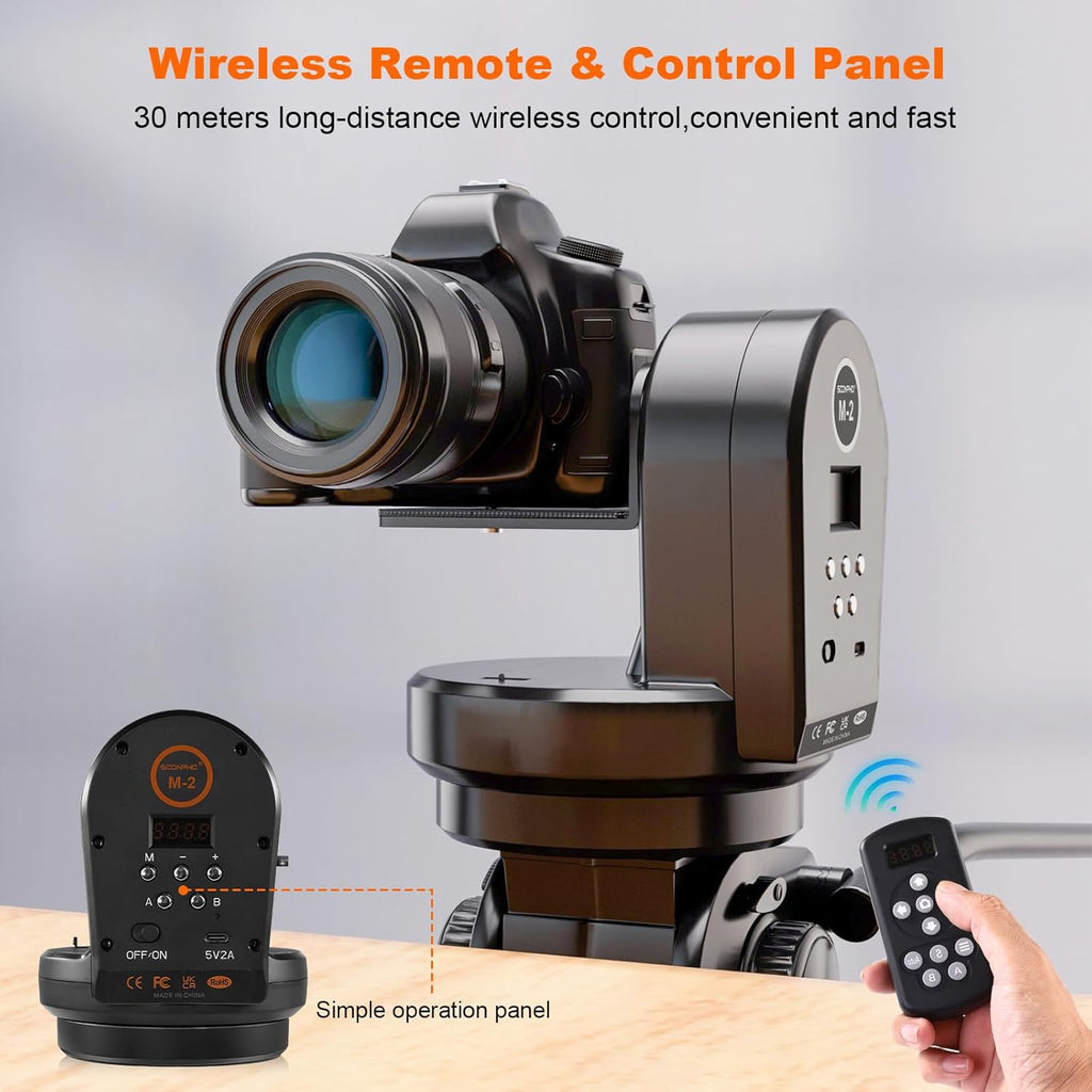 Soonpho M2 Motorized Rotating Panoramic Tripod Head, Remote Control Pan Tilt Head with Remote Control and Mobile Phone Clip for DSLR Cameras, Camcorders, Smartphones, Tripod,