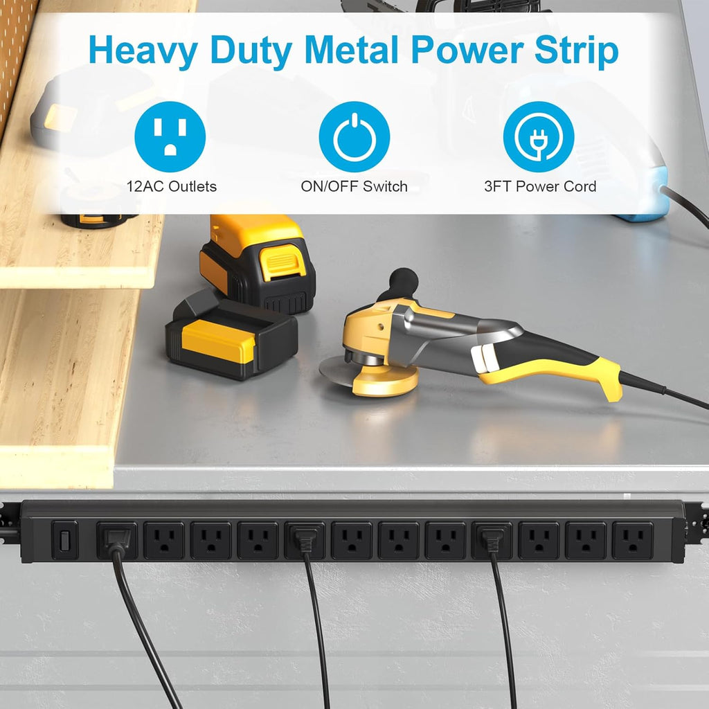 HHSOET 360° Rotating 12 Outlet Mountable Power Strip, Metal Gaming Table Mounted Outlet Strip, Heavy Duty Wall Mount Surge Protector with Switch, Works Great and Very Versatile, 3ft Power Cord.Black
