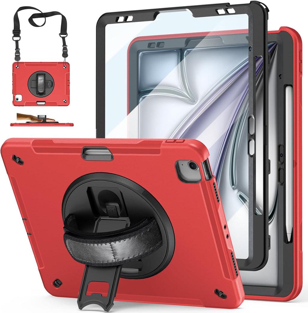 Case for iPad Air 13 Inch M3 2025 & M2 2024: Military Grade Cover for iPad Pro 12.9 6th/5th/4th/3rd Generation W/Screen Protector- Stand- Pencil Holder- Handle- Shoulder Strap- Red