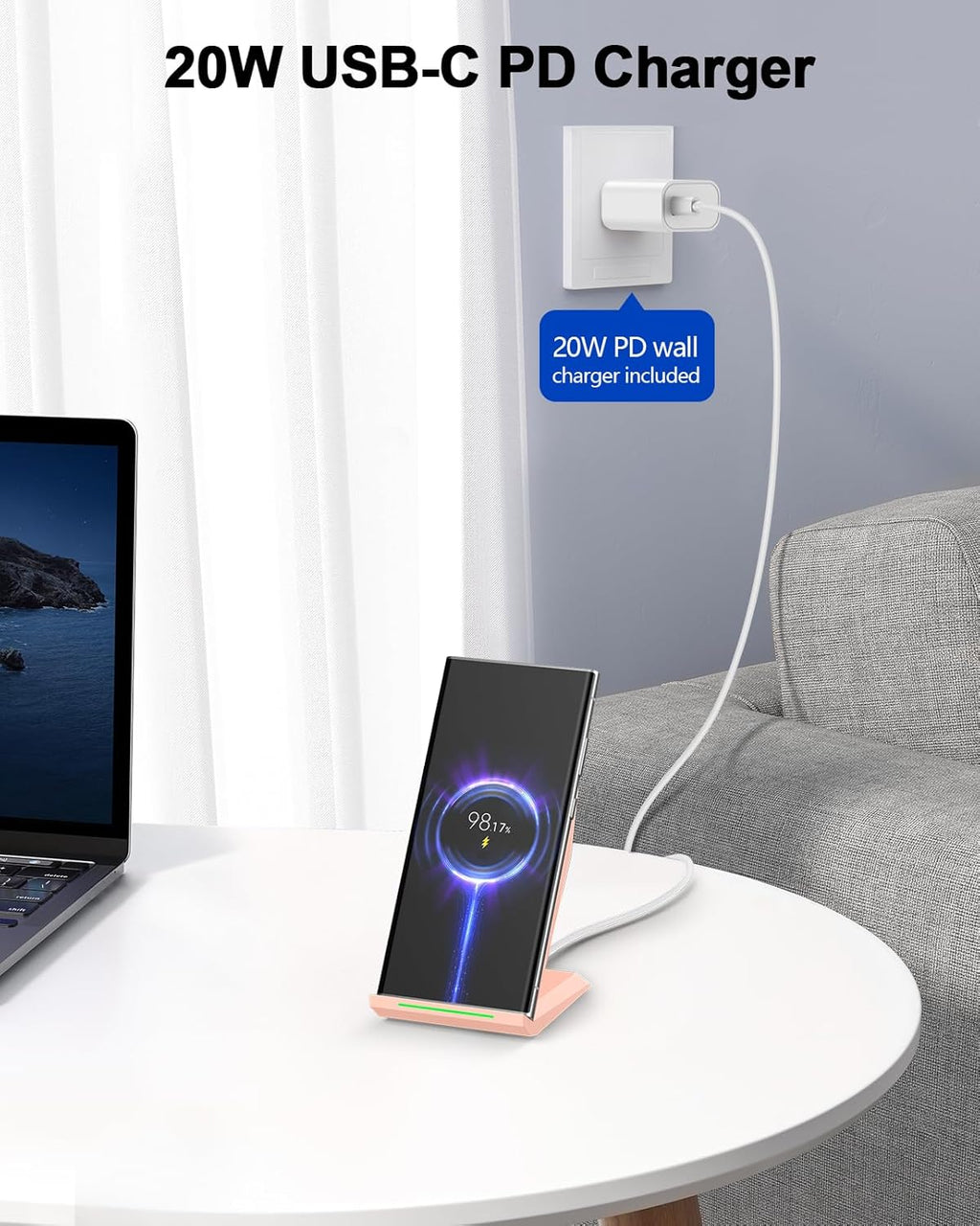 Wireless Charger with USB C Phone Charger, Qi Certified Charging Stand with 20W PD Adapter Compatible with iPhone 16/15/14/13/12, Phone Charging Dock for Samsung Galaxy S25/S24/S23/S22/S21/Note 20
