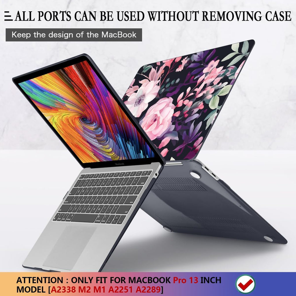 CISSOOK Compatible with MacBook Pro 13 inch Case M2 M1 2025-2016 Release Model A2338 A2251 A2289 A2159 A1989 A1706, Flower Plastic Hard Shell Case Black Cover for MacBook Pro 13 - Pink Flowers