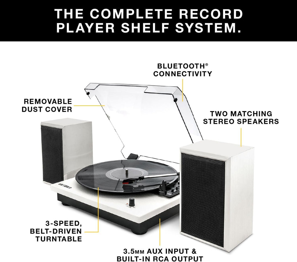 Victrola Montauk Vinyl Record Player, 3-Speed Belt Driven Turntable with Stereo Bluetooth Speaker Pair, RCA Output & 3.5mm Headphone Jack, Removable Dust Cover, Black Wood Finish