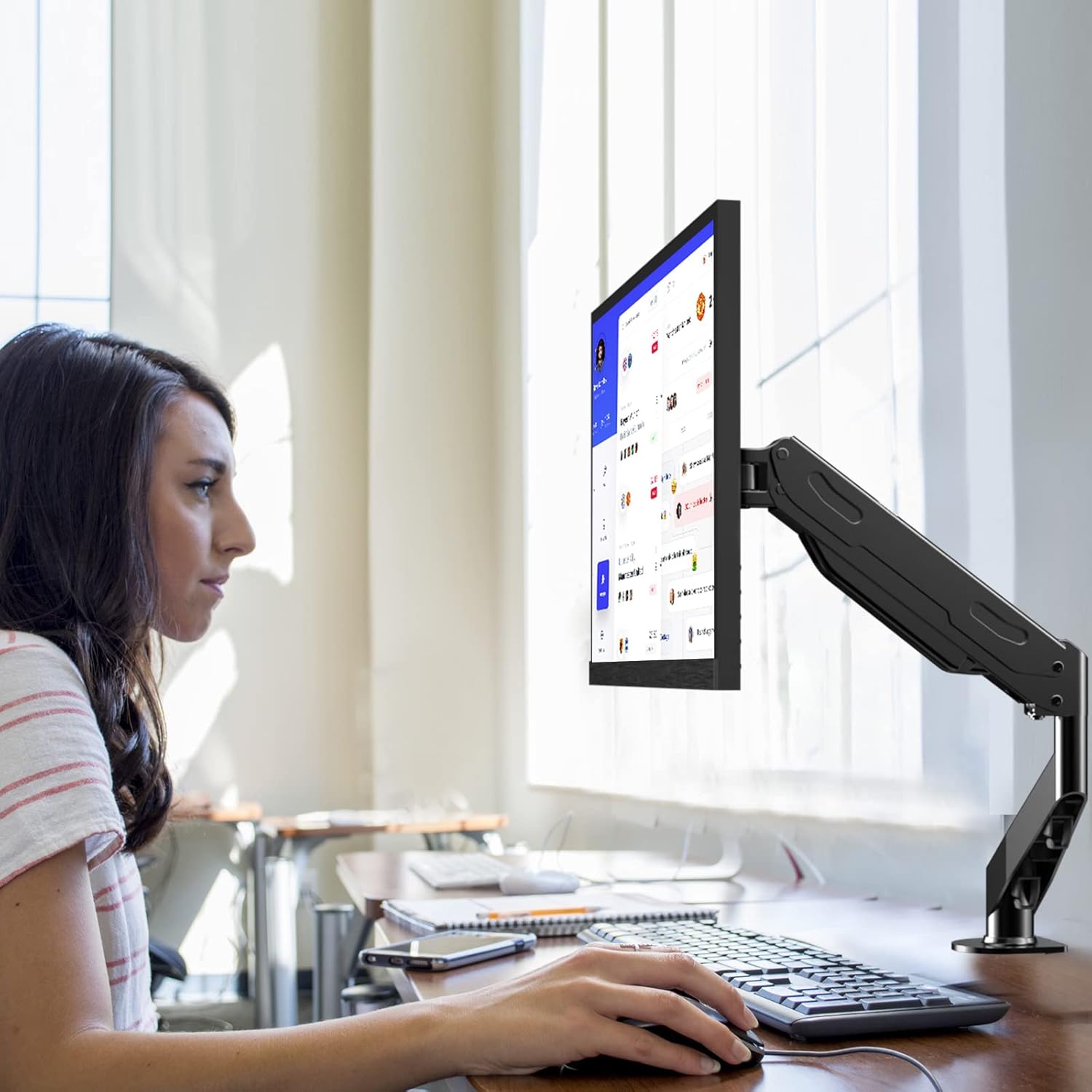 Gas Spring Monitor Arm 32 Inch,Adjustable Single Monitor Desk Mount with Swivel/Tilt/Rotation,Computer Monitors Stand Holder with Clamp/Grommet Mounting Base, VESA Mount Bracket