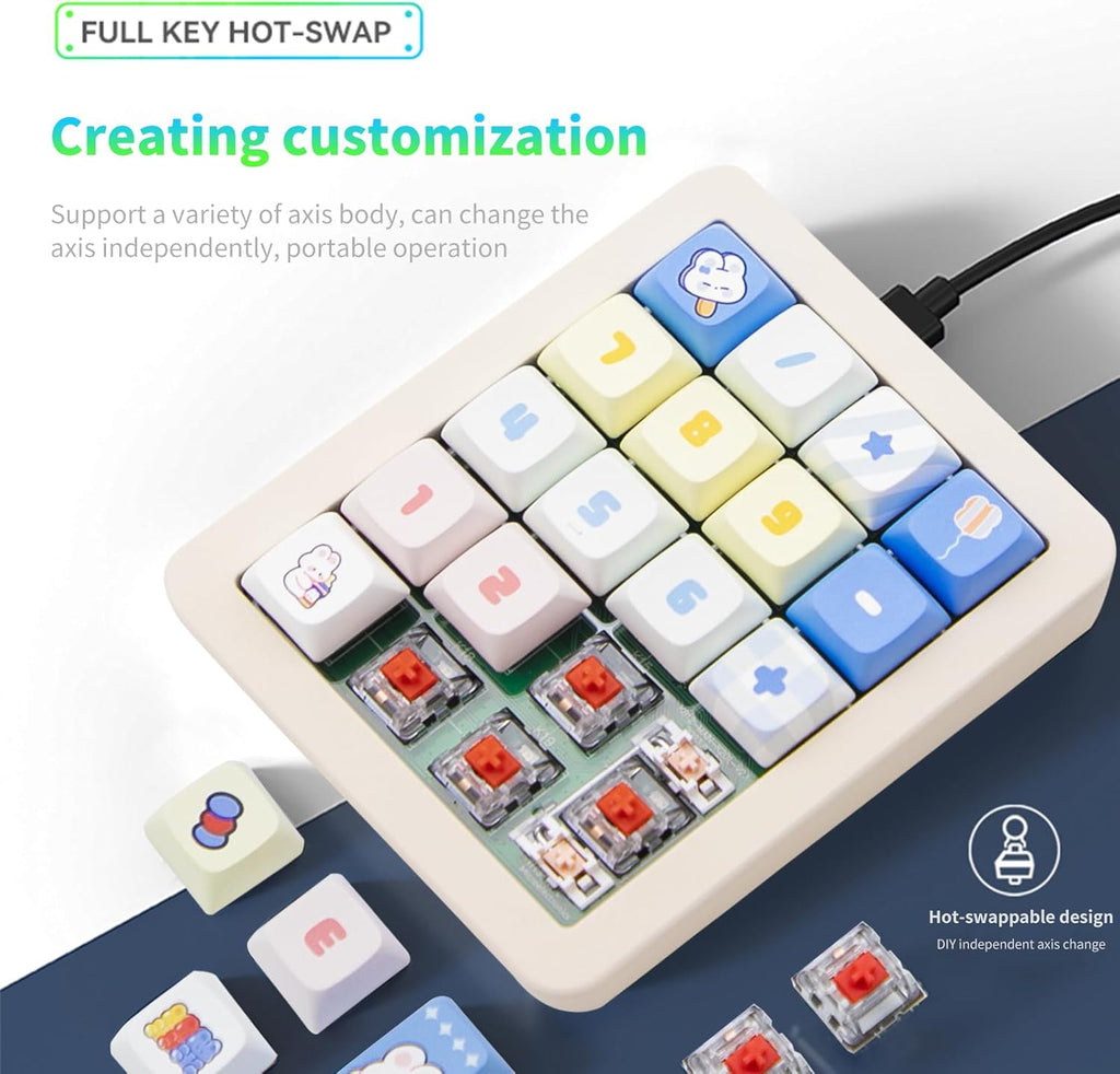 Adventurers K812 Wired Mechanical Numeric Keypad, 19-Key Hot-Swappable RGB Numpad, Macro Programmable, Detachable Type-C Cable, Game/Office Mode Switch – for PC/Laptop/Desktop (Cream White)