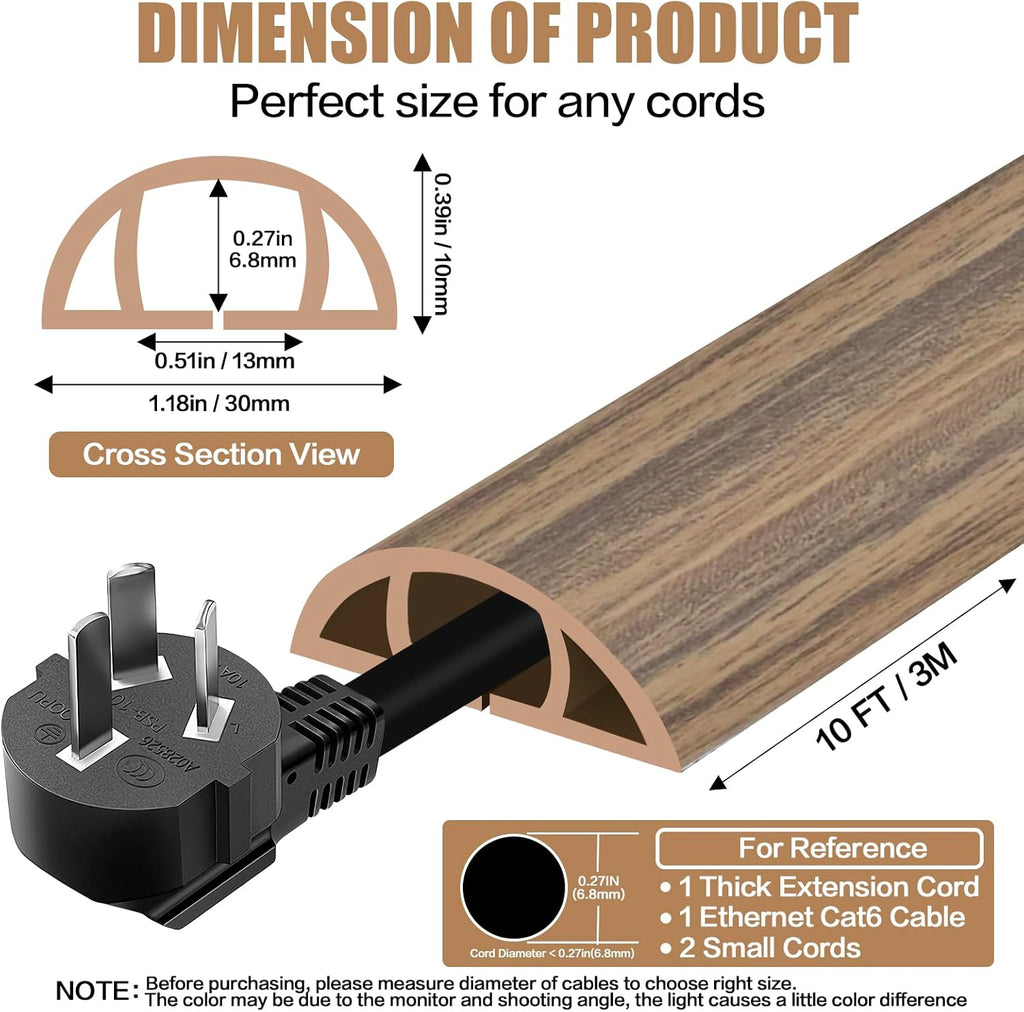 Floor Cord Cover Self Adhesive Cord Hider,10FT Cable Management, Extension Strip Protector for Wires, Prevent Cable Trips for Offices, Gyms, Exhibitions Cavity:0.39"(W) x0.27(H) Woodsmokedbrown