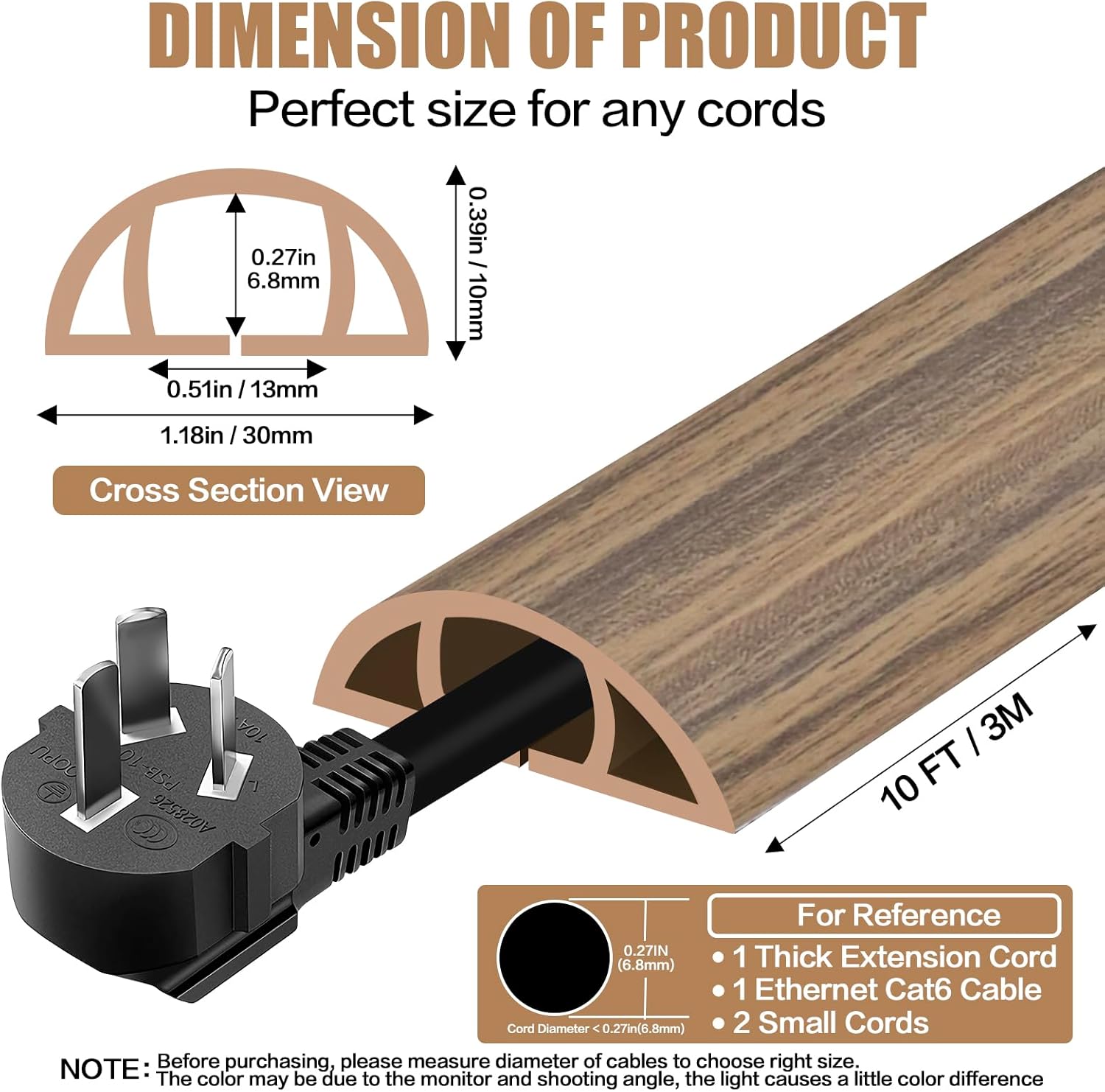 Floor Cord Cover Self Adhesive Cord Hider,10FT Cable Management, Extension Strip Protector for Wires, Prevent Cable Trips for Offices, Gyms, Exhibitions Cavity:0.39"(W) x0.27(H) Woodsmokedbrown